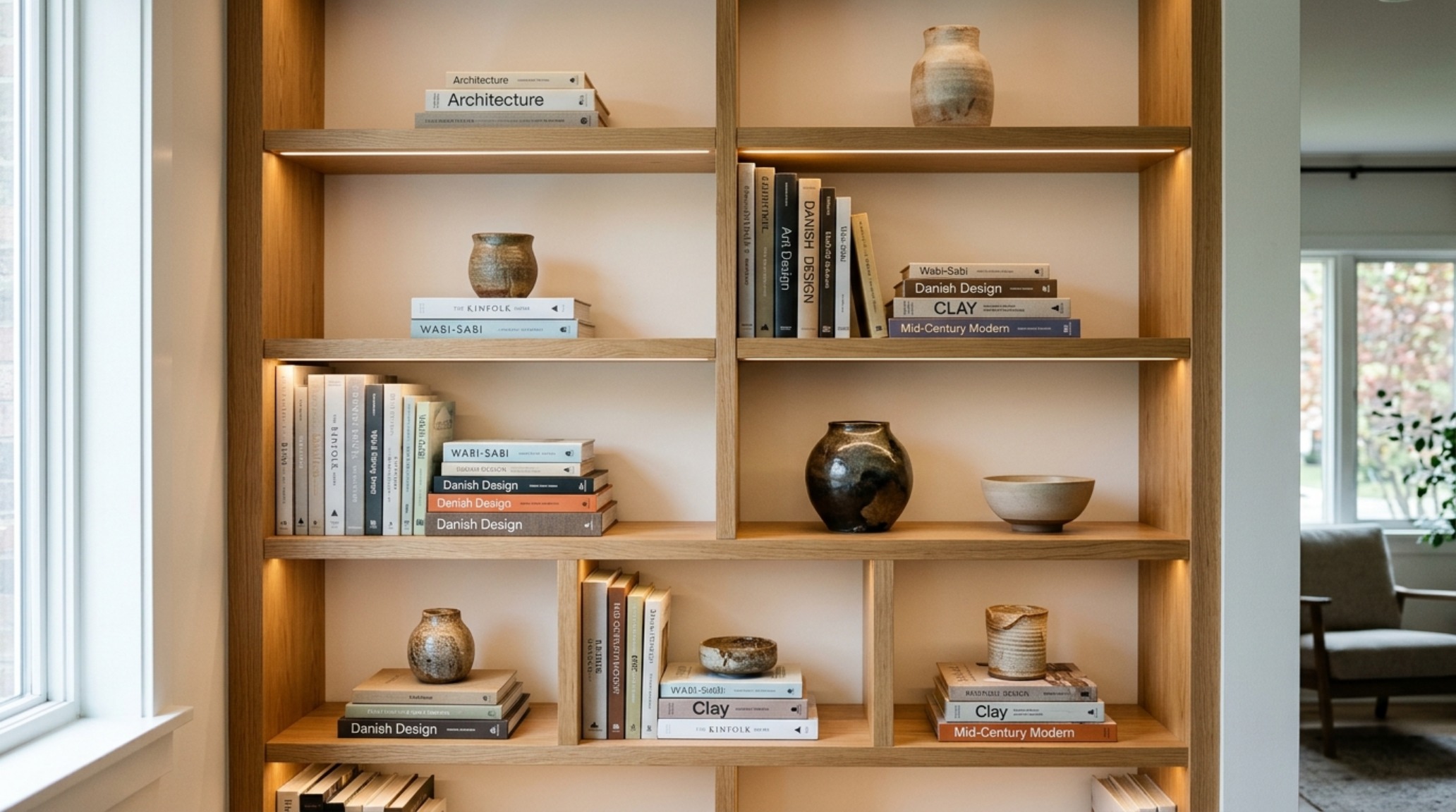 Inspiration Gallery: A curated shelving detail at Sagrada Studio showing the balance of negative space and artisanal ceramics on custom-lit fluted wood surfaces.