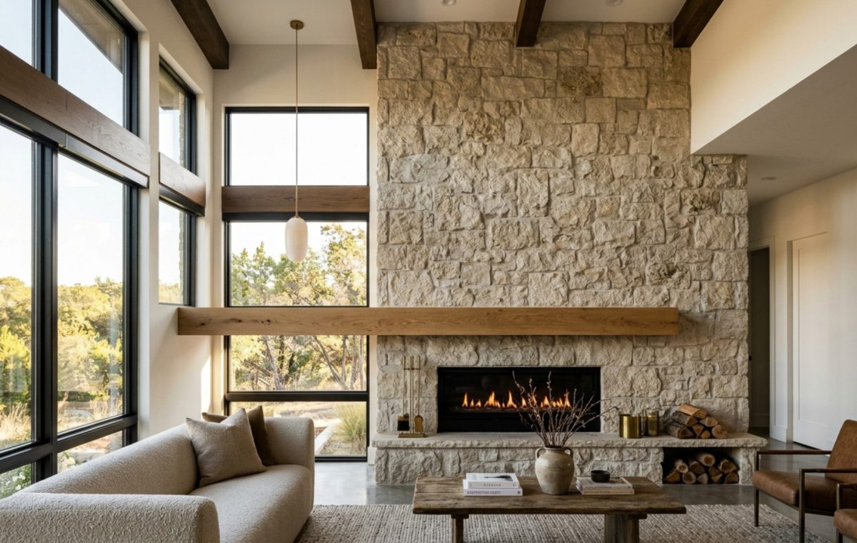 contemporary stone mantle designs featuring a floating white oak beam aligned with window headers in a high-ceiling great room
