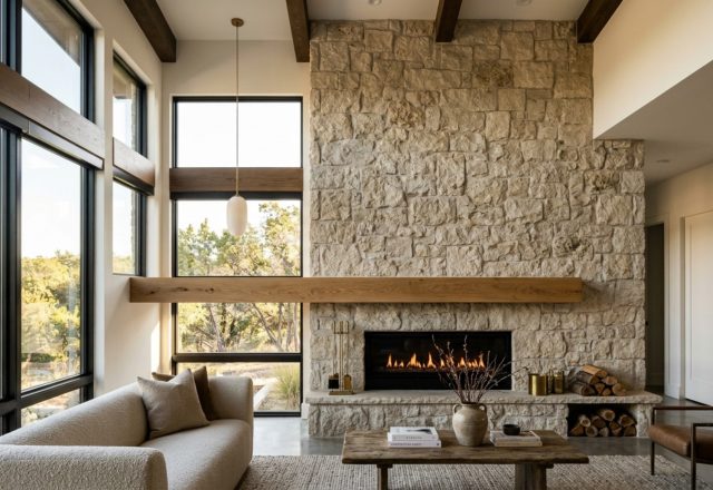 contemporary stone mantle designs featuring a floating white oak beam aligned with window headers in a high-ceiling great room