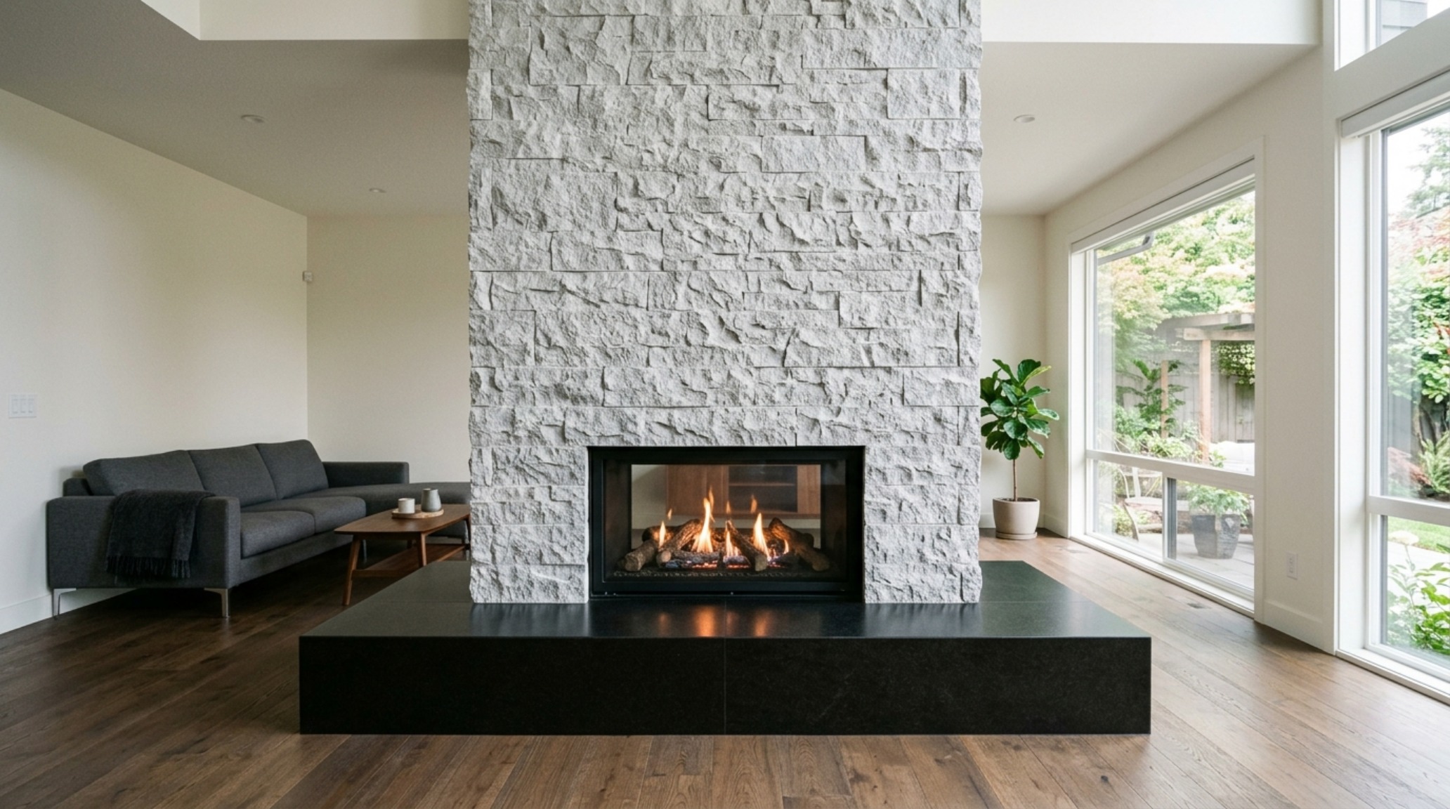 natural stone veneer fireplace trends showcasing the mix of honed granite hearths with split-face architectural stone cladding