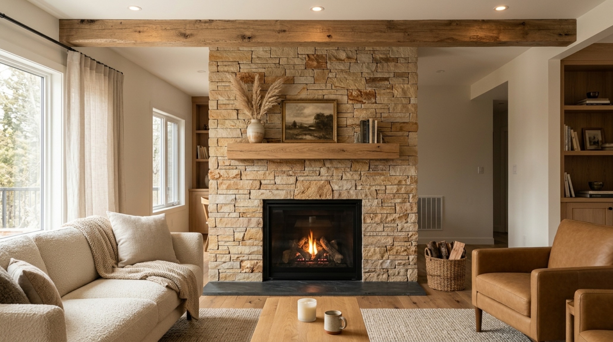stacked stone fireplace makeover using thin-cut sandstone to create a textural focal point in a modern rustic open-concept home