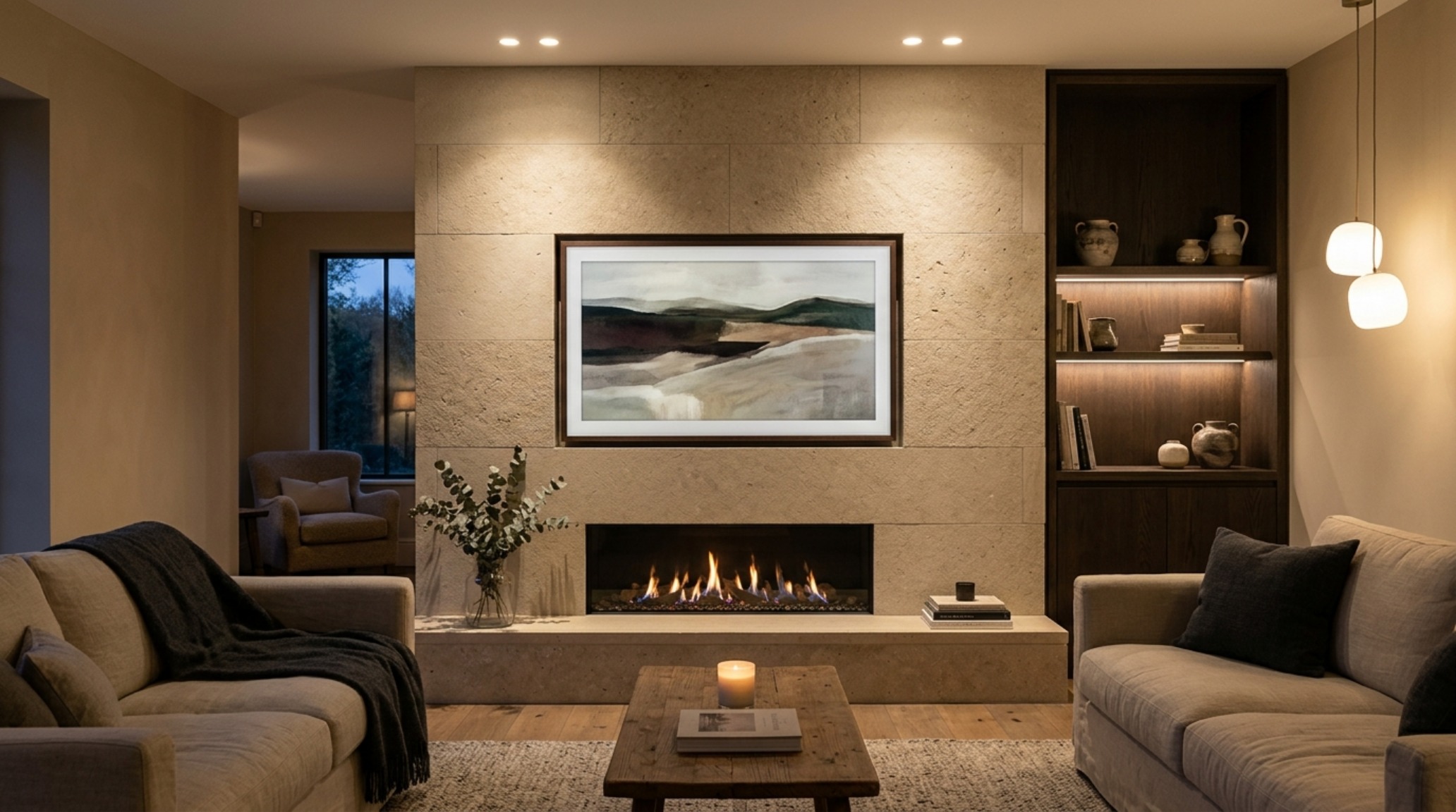 stone fireplace with tv layout emphasizing correct eye-level viewing height and a low-profile 6-inch raised stone plinth