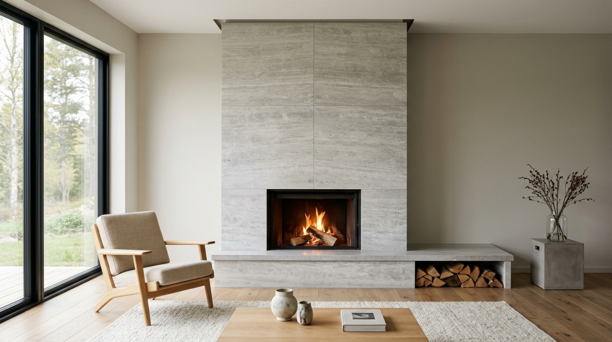minimalist stone fireplace surrounds utilizing large-format honed silver travertine slabs with shadow-gap ceiling reveals