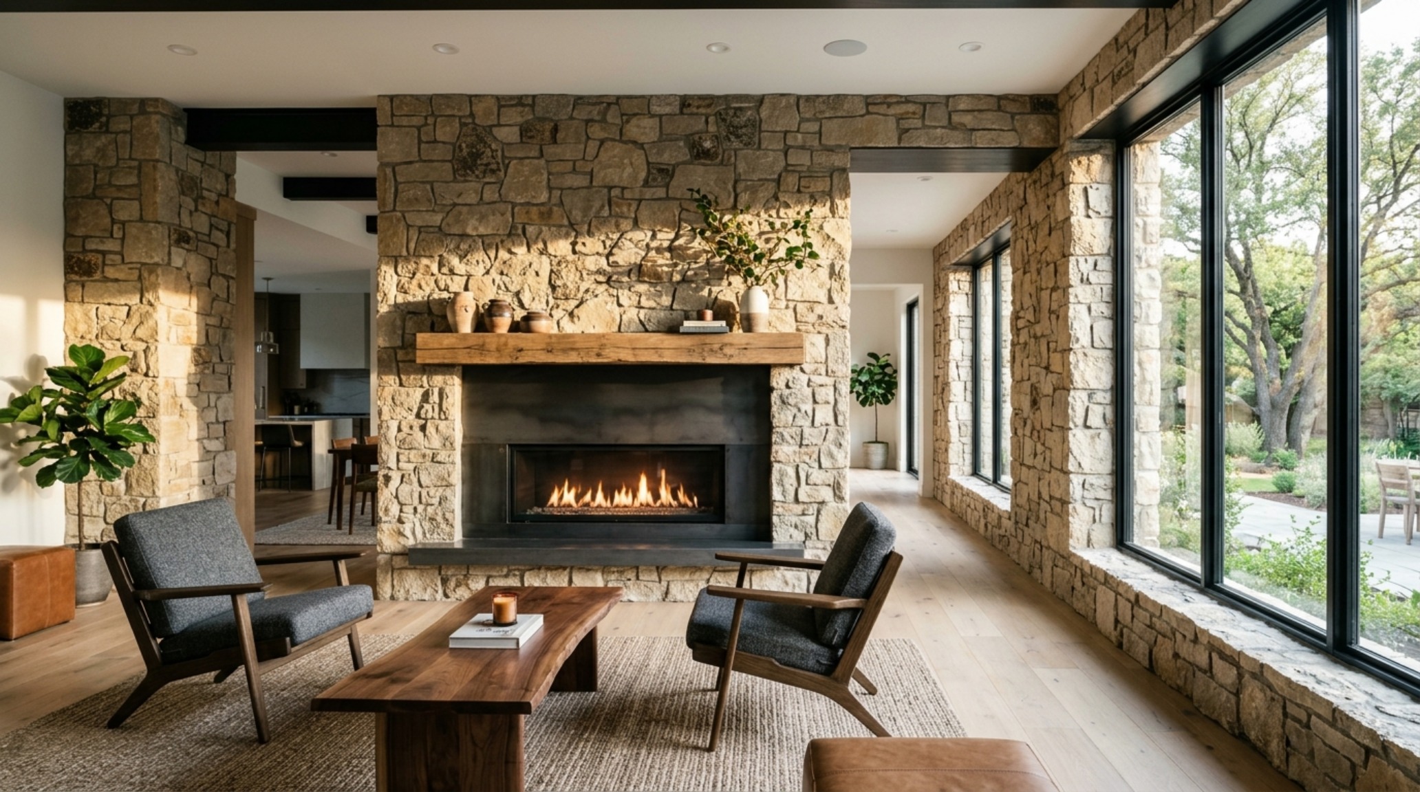 living room stone accent wall with fireplace architecture showing a deep limestone return and 36-inch ergonomic walkway clearances