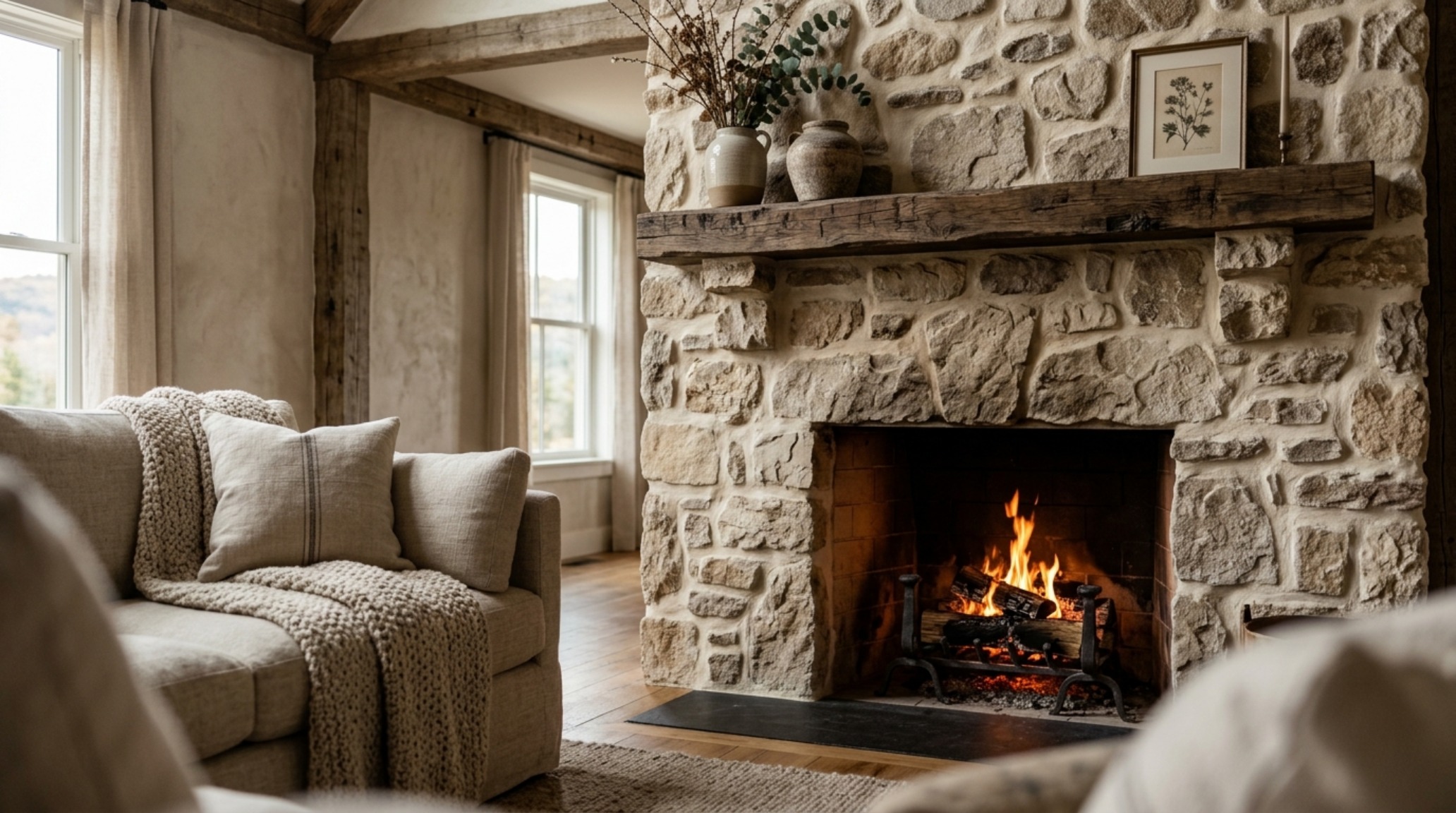 natural stone veneer fireplace trends for 2025 highlighting an over-grouted German Smear technique on warm alabaster fieldstone