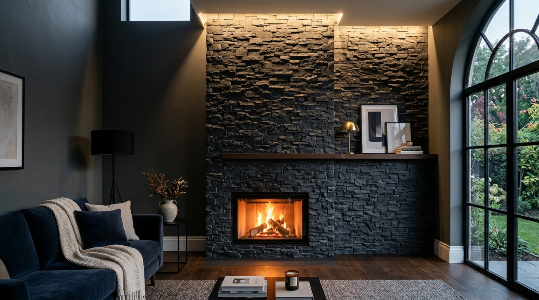 stacked stone fireplace makeover transitioning a dated hearth into a floor-to-ceiling charcoal slate focal point with warm lighting