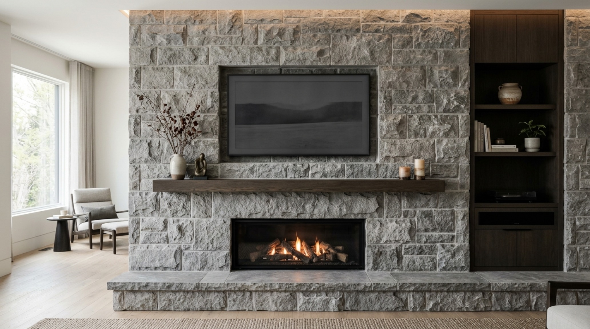 stone fireplace with tv layout showcasing a flush-mounted frame television integrated into a recessed niche of rough-cut limestone