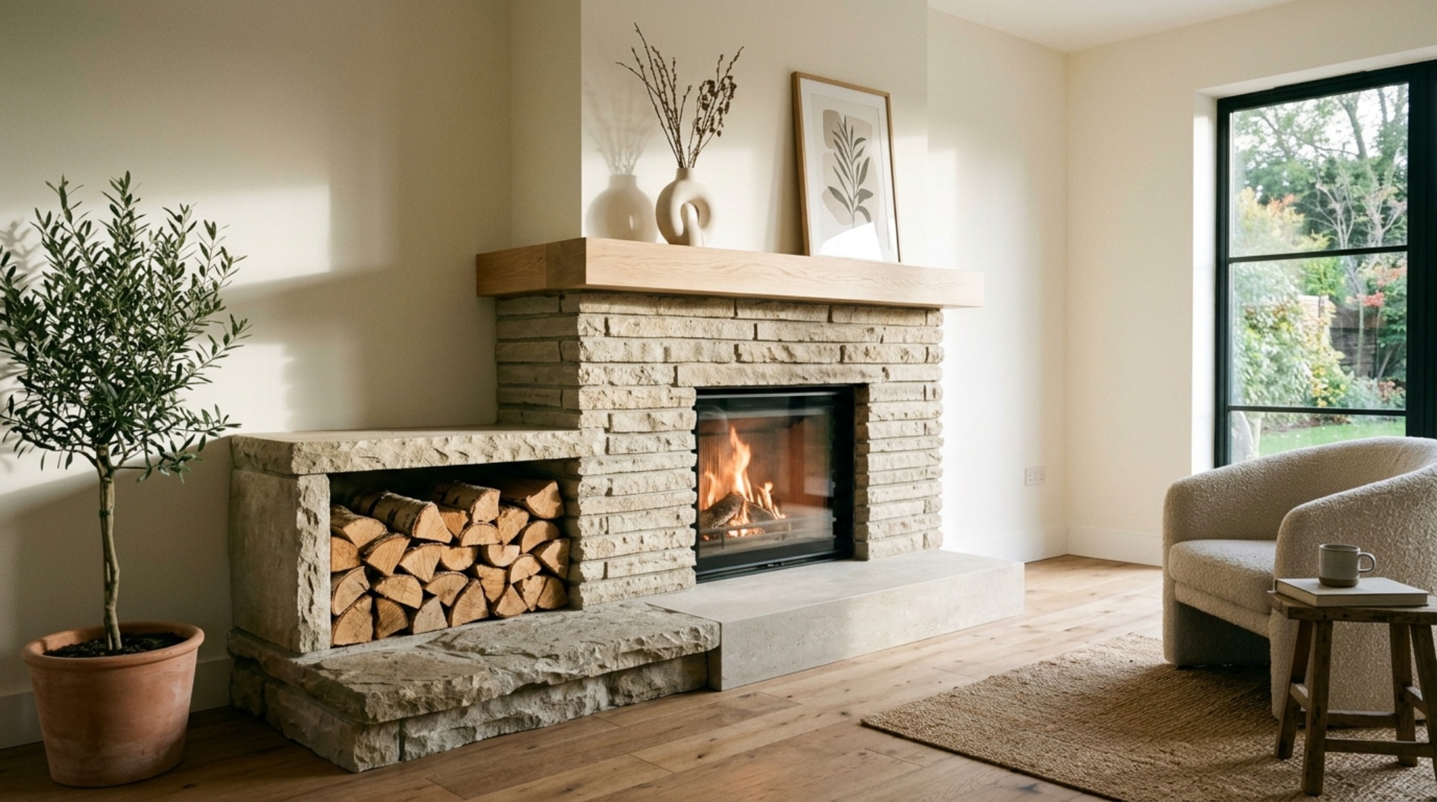contemporary stone mantle designs with an asymmetrical hearth and integrated wood storage in a Scandinavian Minimalist living space