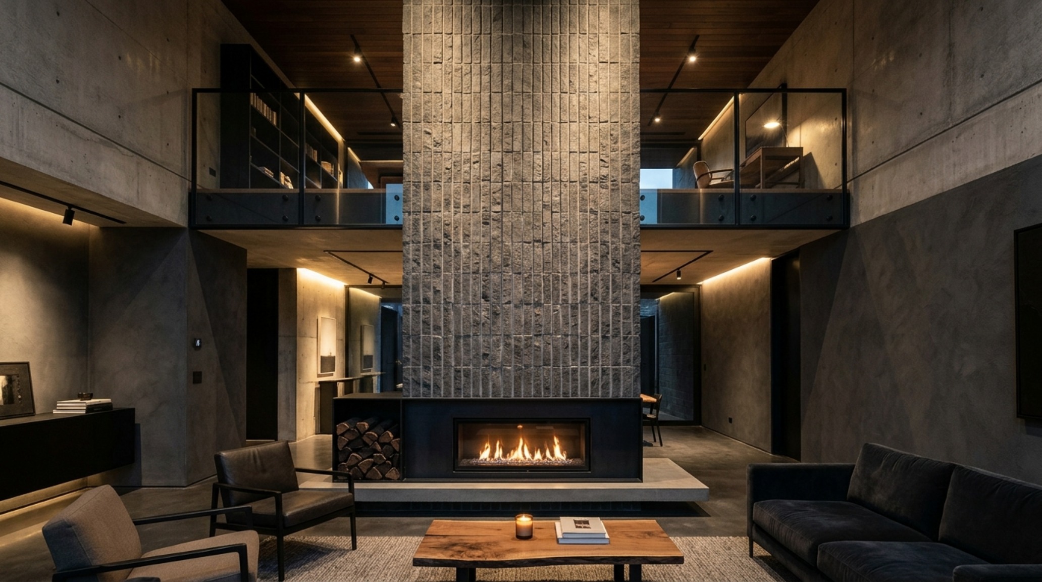 minimalist stone fireplace surrounds in a double-height room featuring a vertical basalt stack and high CRI wall graze lighting