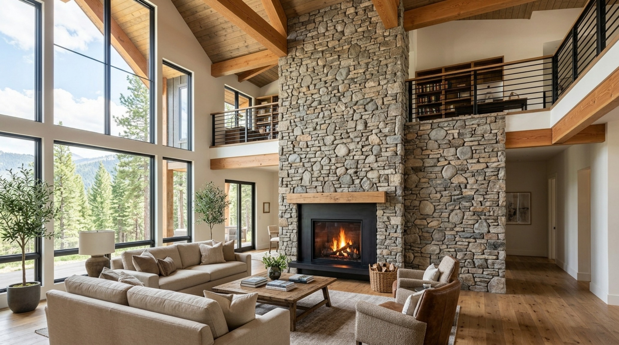 living room stone accent wall with fireplace that extends into a second-story loft with glass railings and continuous masonry lines