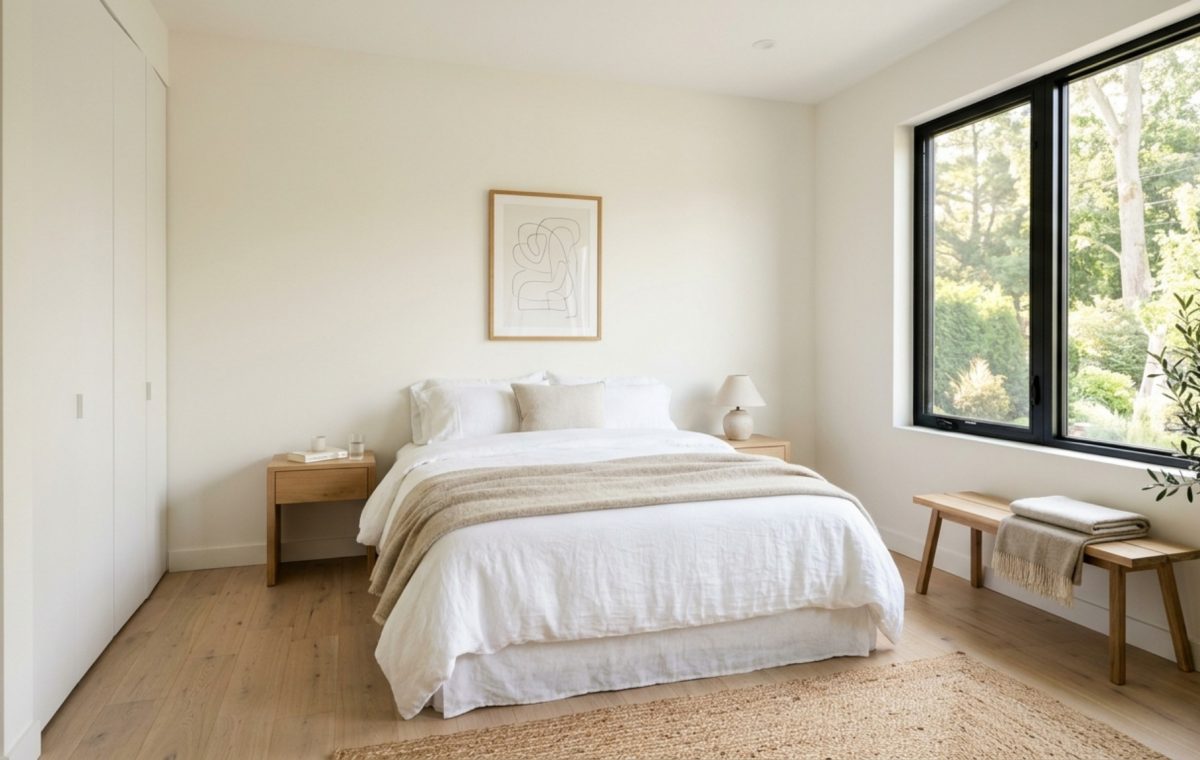 small bedroom color expansion achieved with Benjamin Moore Swiss Coffee walls and minimalist white oak furniture in a sun-drenched modern apartment