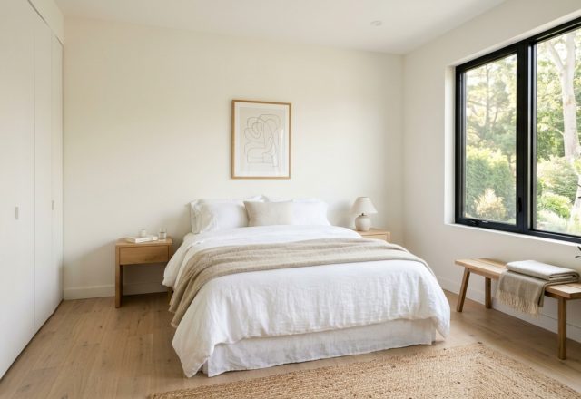 small bedroom color expansion achieved with Benjamin Moore Swiss Coffee walls and minimalist white oak furniture in a sun-drenched modern apartment