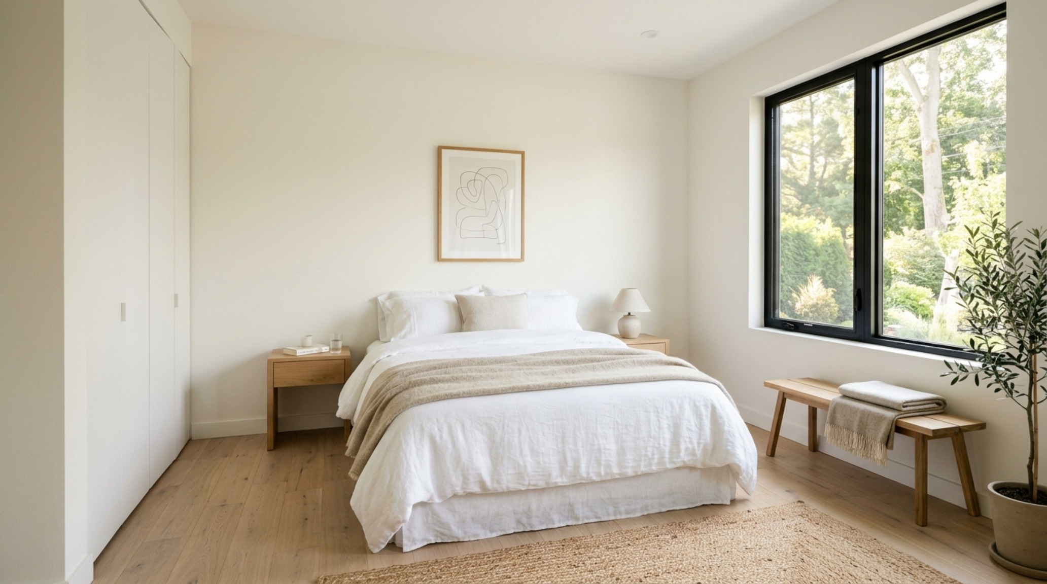 small bedroom color expansion achieved with Benjamin Moore Swiss Coffee walls and minimalist white oak furniture in a sun-drenched modern apartment small bedroom color expansion achieved with Benjamin Moore Swiss Coffee walls and minimalist white oak furniture in a sun-drenched modern apartment