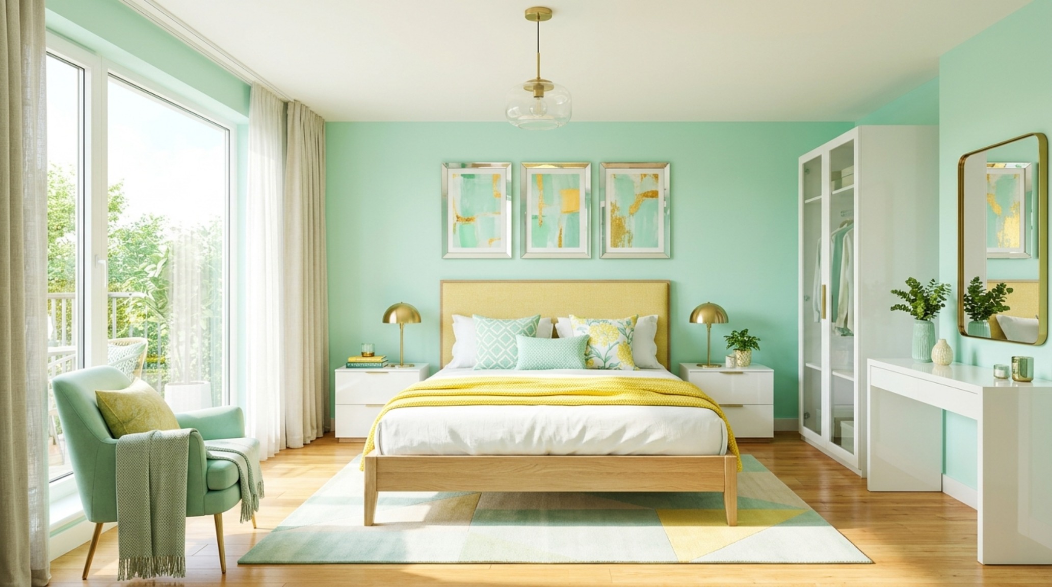 dopamine dressing interior design in a bright bedroom using clear mint accents and high-reflectance surfaces to create an uplifting atmospheric experience dopamine dressing interior design in a bright bedroom using clear mint accents and high-reflectance surfaces to create an uplifting atmospheric experience