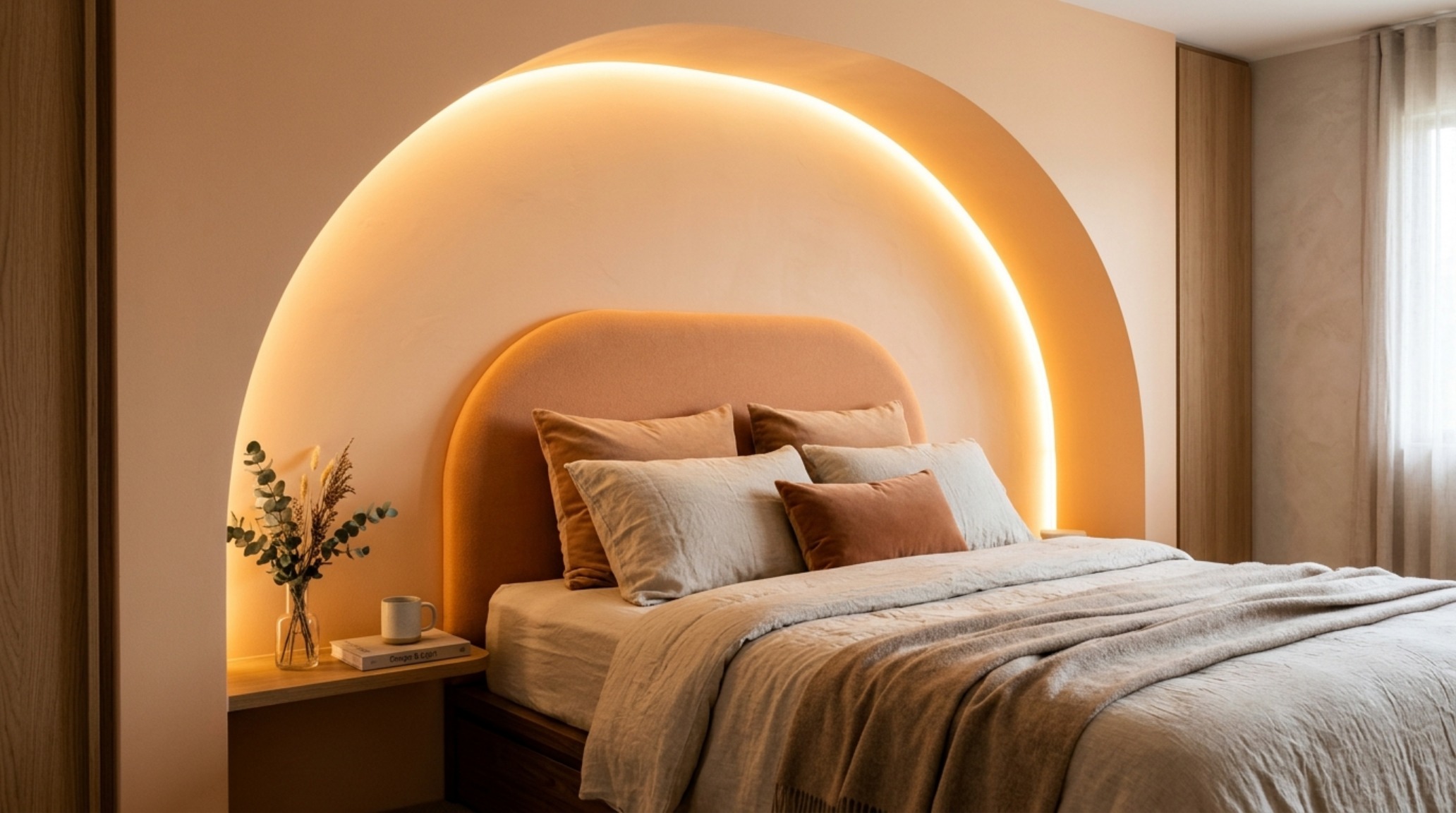vibrant master suite palettes displaying a soft apricot accent wall paired with architectural molding and high-CRI 2700K recessed lighting vibrant master suite palettes displaying a soft apricot accent wall paired with architectural molding and high-CRI 2700K recessed lighting