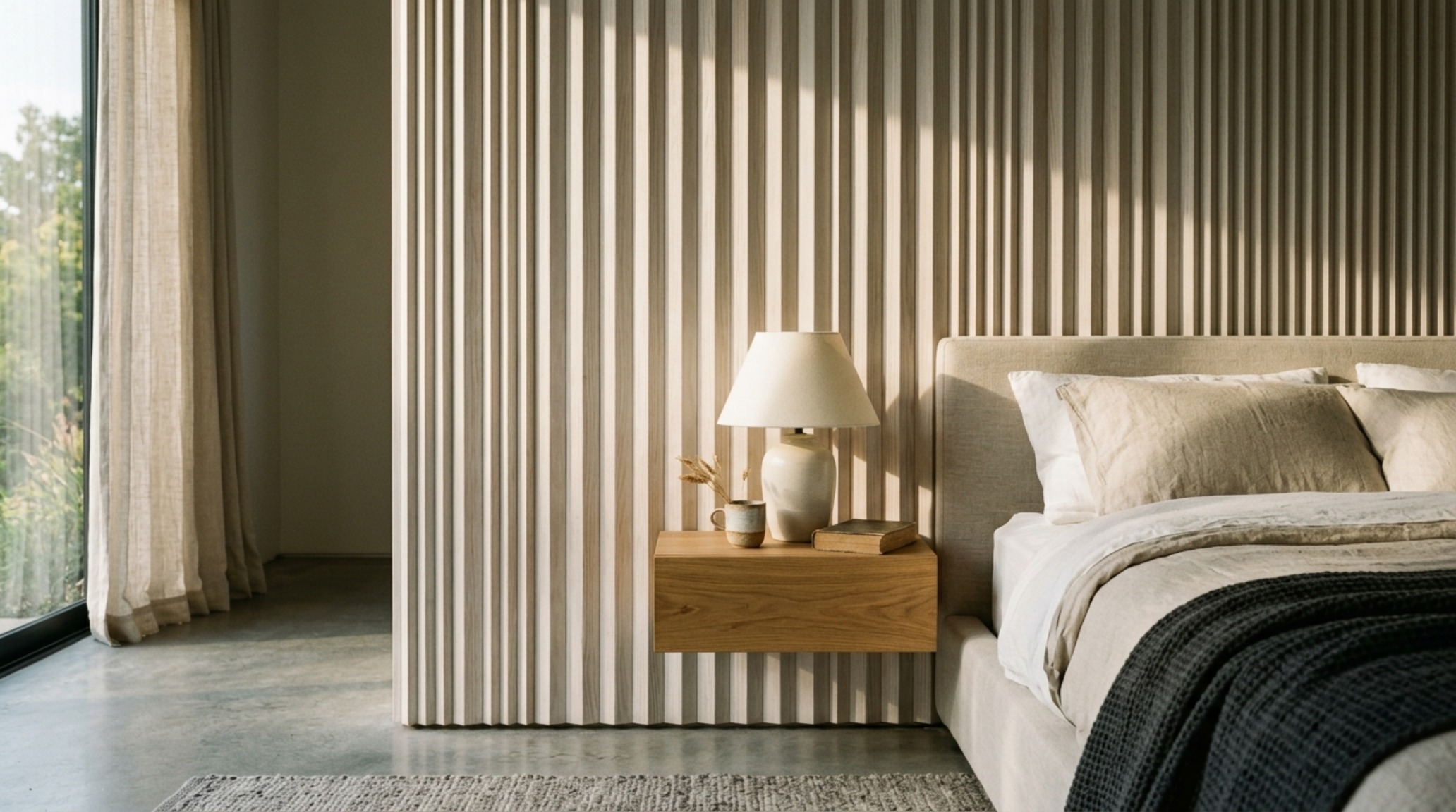 light-reflective wall finishes on a fluted feature wall that creates rhythmic shadows and depth in a compact urban bedroom suite light-reflective wall finishes on a fluted feature wall that creates rhythmic shadows and depth in a compact urban bedroom suite