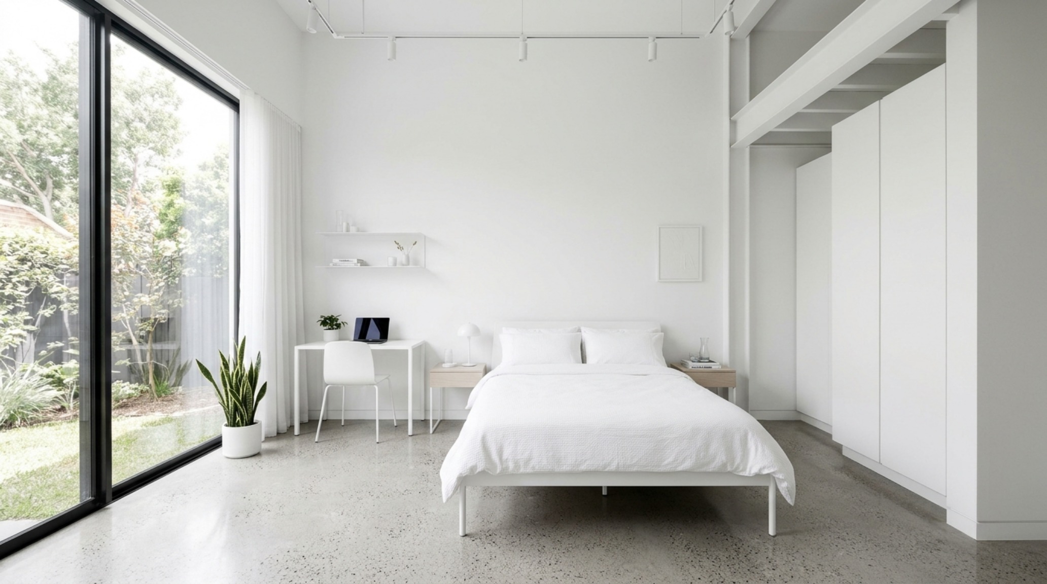 small bedroom color expansion using monochromatic bright white layers and reflective metallic hardware to dissolve corner boundaries small bedroom color expansion using monochromatic bright white layers and reflective metallic hardware to dissolve corner boundaries