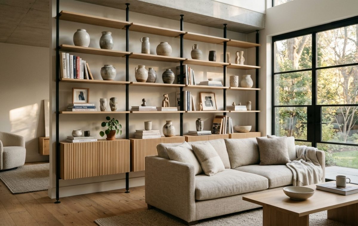 A stunning floor-to-ceiling tension pole shelving system in a modern living room, featuring fluted oak shelves and curated ceramics, illustrating premium living room floating shelves ideas for renters.