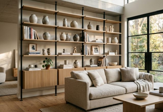 A stunning floor-to-ceiling tension pole shelving system in a modern living room, featuring fluted oak shelves and curated ceramics, illustrating premium living room floating shelves ideas for renters.