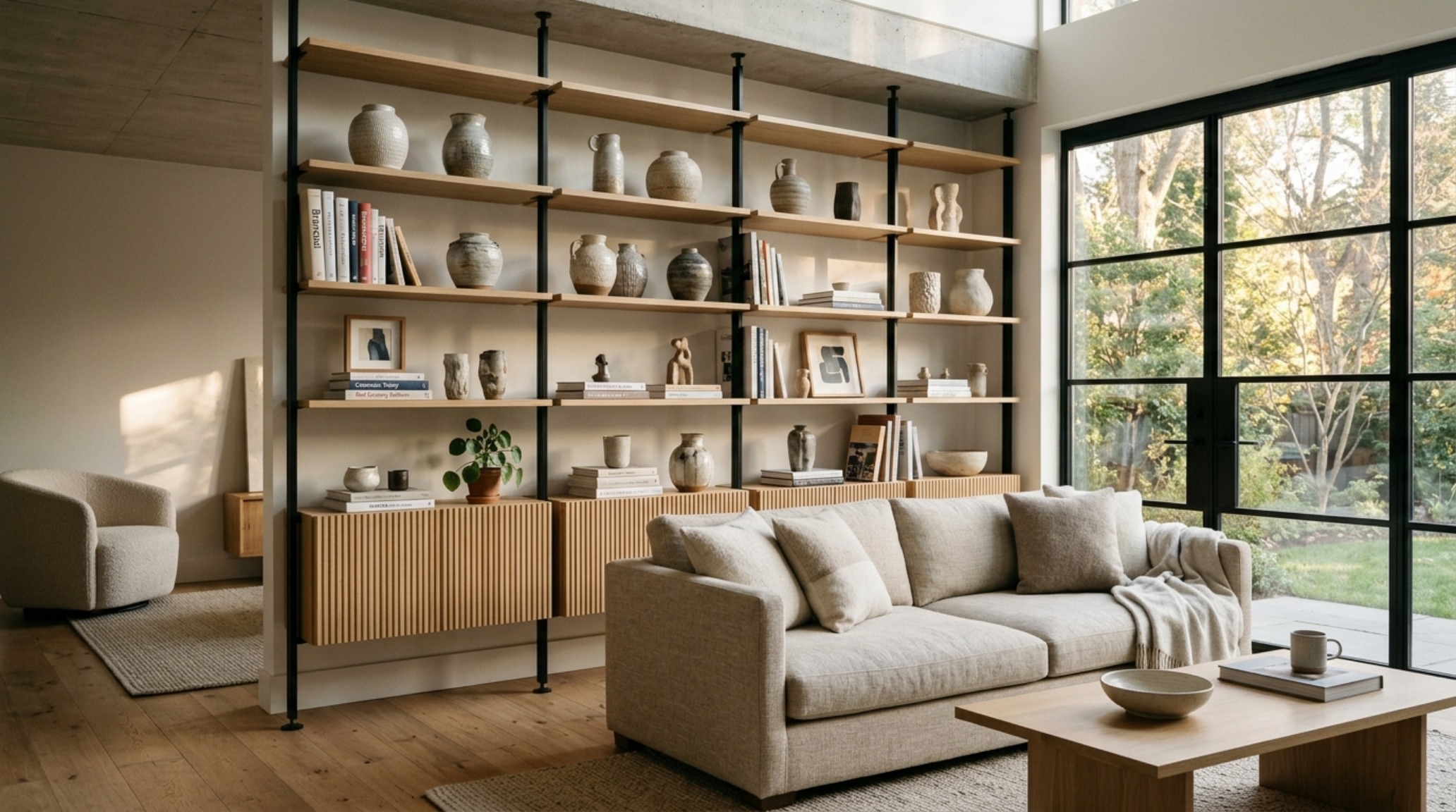 A stunning floor-to-ceiling tension pole shelving system in a modern living room, featuring fluted oak shelves and curated ceramics, illustrating premium living room floating shelves ideas for renters. A stunning floor-to-ceiling tension pole shelving system in a modern living room, featuring fluted oak shelves and curated ceramics, illustrating premium living room floating shelves ideas for renters.