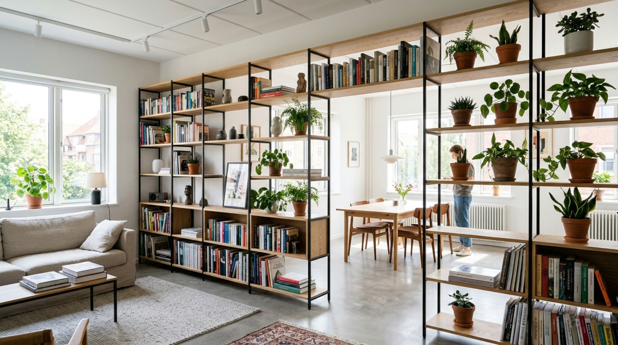 High-end tension pole shelving system used as an architectural room divider between a living area and home office, showcasing versatile apartment organization. High-end tension pole shelving system used as an architectural room divider between a living area and home office, showcasing versatile apartment organization.
