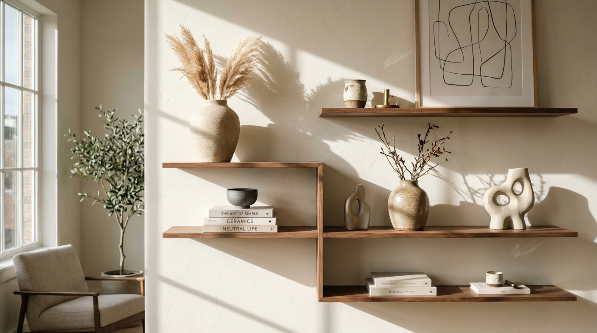 Editorial living room shot focusing on asymmetrical floating shelves decor, using the Rule of Thirds with stoneware vases and art monographs against a limewash wall. Editorial living room shot focusing on asymmetrical floating shelves decor, using the Rule of Thirds with stoneware vases and art monographs against a limewash wall.