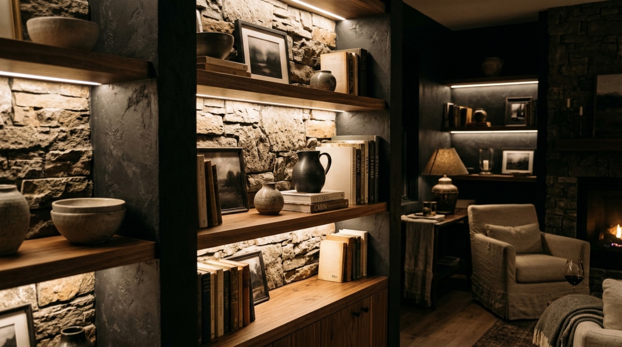 Nighttime interior photography highlighting atmospheric 2700K shelf lighting and shadow play on wood wall shelves, creating a warm and grounded living room ambiance. Nighttime interior photography highlighting atmospheric 2700K shelf lighting and shadow play on wood wall shelves, creating a warm and grounded living room ambiance.