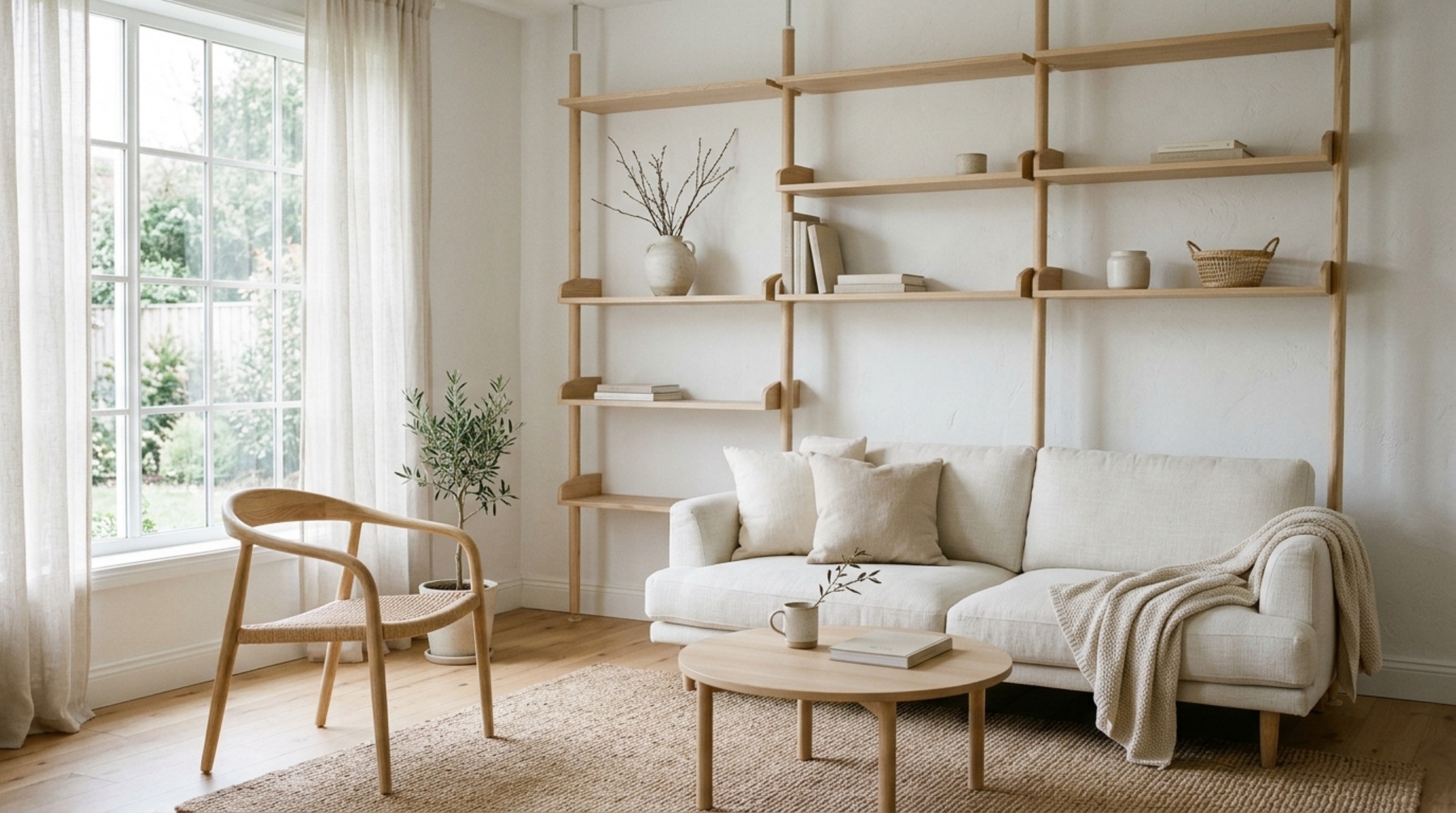 Japandi-style living room with minimalist no-drill floating shelf installation, blending light timber with neutral-toned decor and high-CRI task lighting. Japandi-style living room with minimalist no-drill floating shelf installation, blending light timber with neutral-toned decor and high-CRI task lighting.