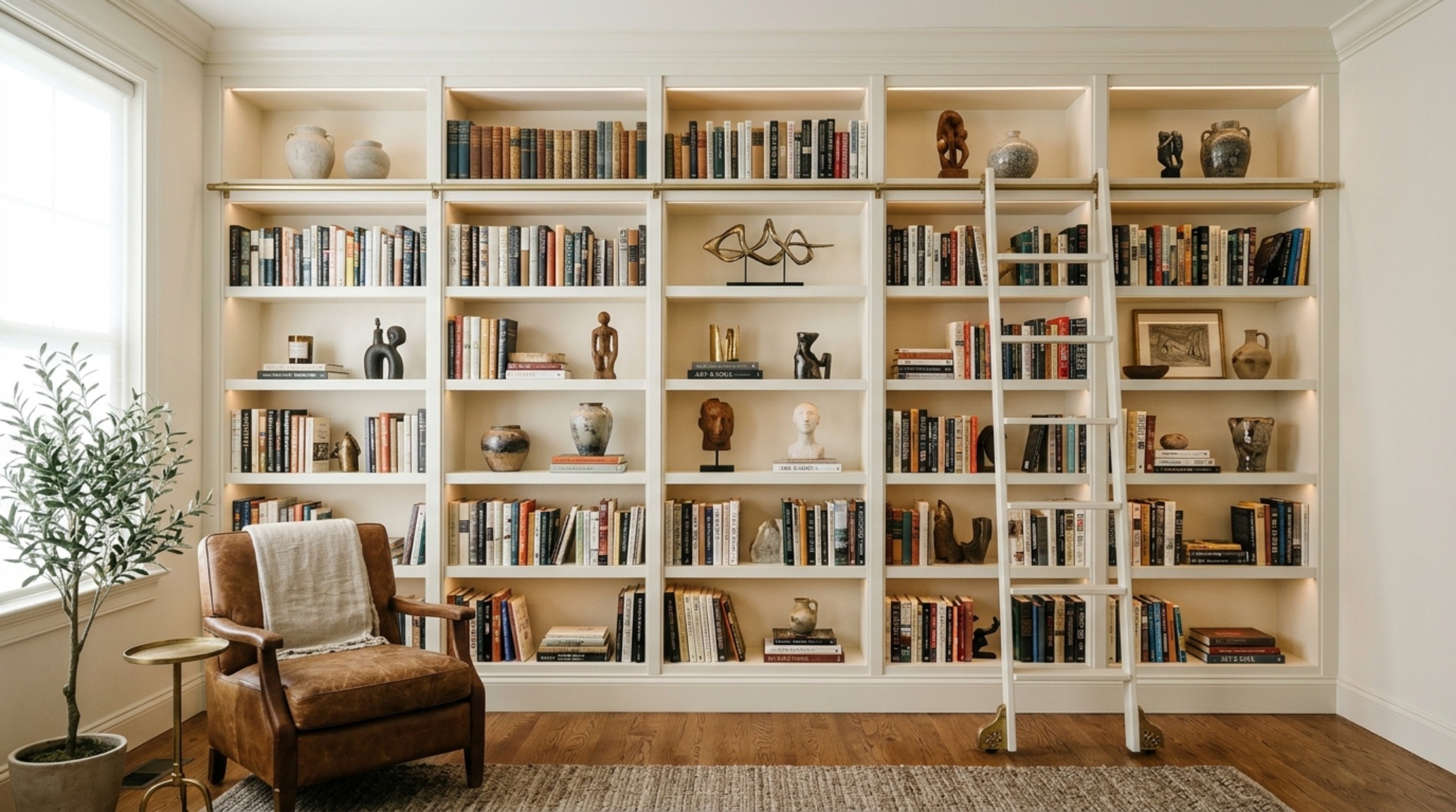Luxury apartment storage hacks featuring a wall-to-wall 'visual built-in' shelving system painted in Benjamin Moore Swiss Coffee to match the surroundings. Luxury apartment storage hacks featuring a wall-to-wall 'visual built-in' shelving system painted in Benjamin Moore Swiss Coffee to match the surroundings.