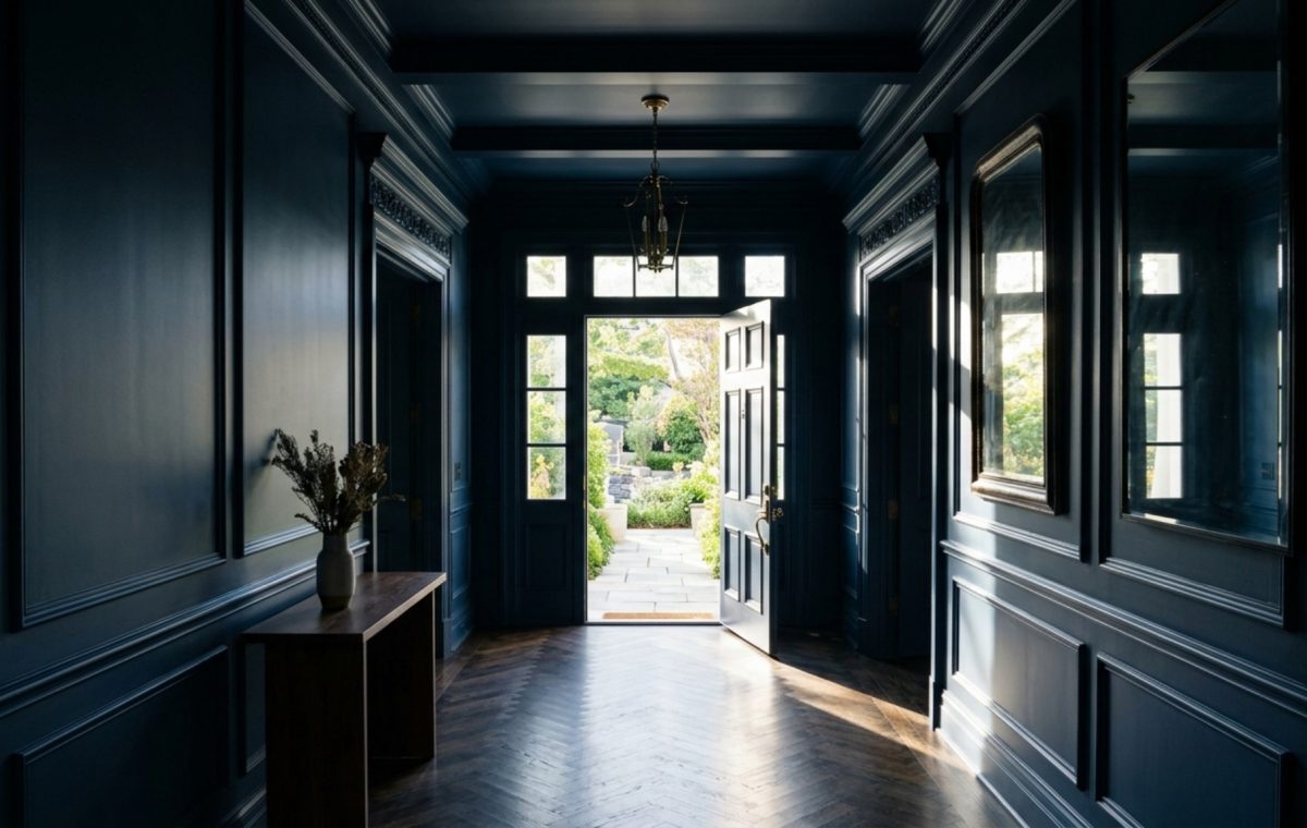 A grand foyer featuring Benjamin Moore Hale Navy color drenching on walls and ceiling with 36-inch clearance and natural side lighting.