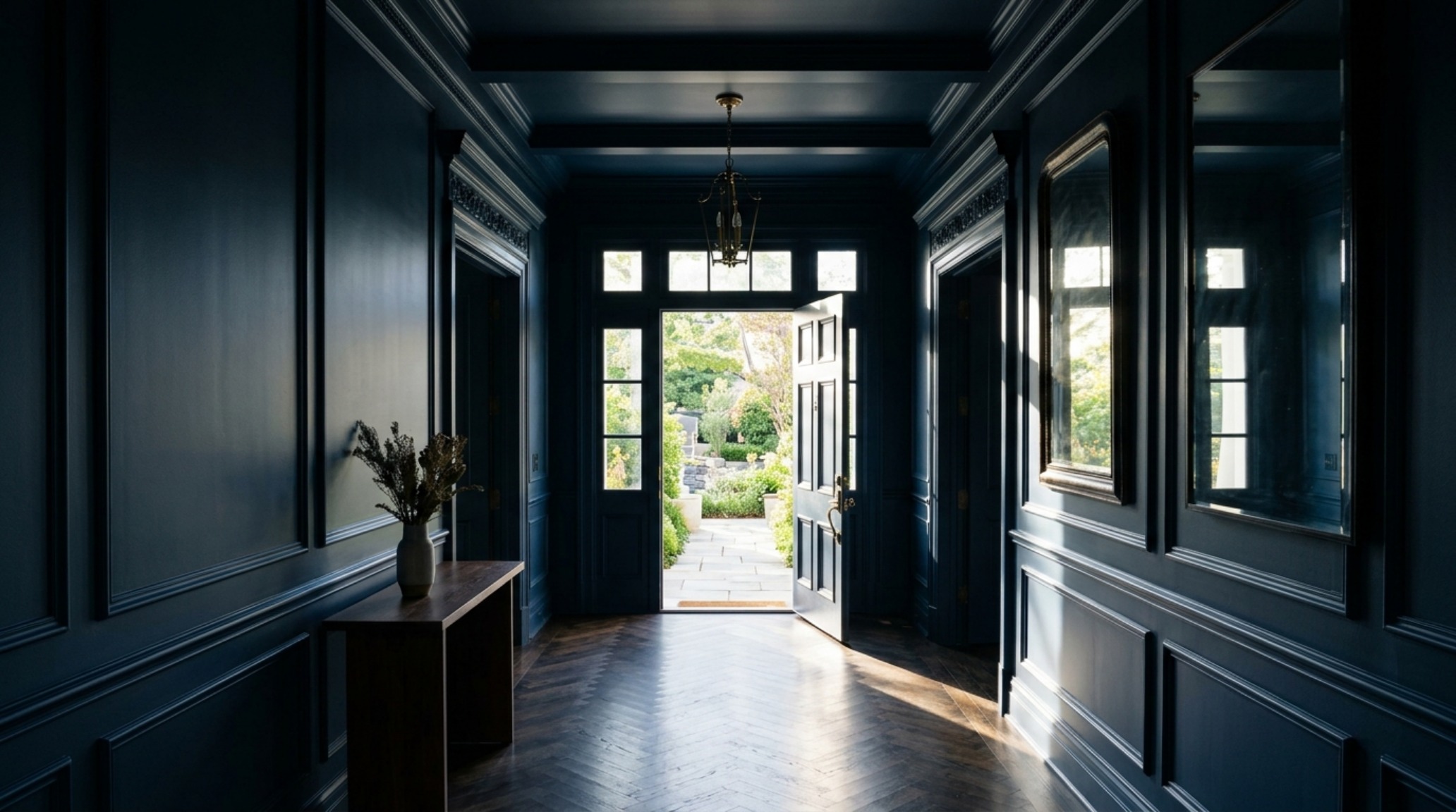 A grand foyer featuring Benjamin Moore Hale Navy color drenching on walls and ceiling with 36-inch clearance and natural side lighting. A grand foyer featuring Benjamin Moore Hale Navy color drenching on walls and ceiling with 36-inch clearance and natural side lighting.