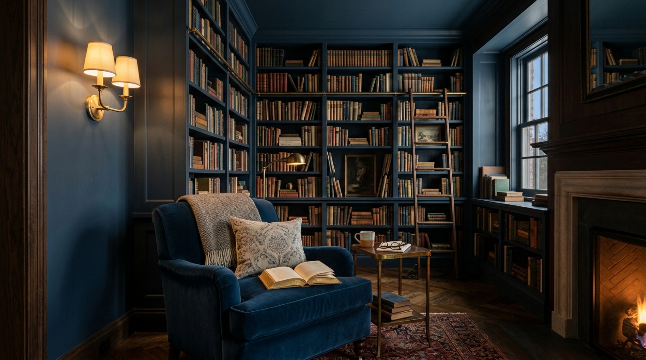 A sophisticated home office with Farrow and Ball Stiffkey Blue walls and matching built-in shelving with unlacquered brass hardware. A sophisticated home office with Farrow and Ball Stiffkey Blue walls and matching built-in shelving with unlacquered brass hardware.