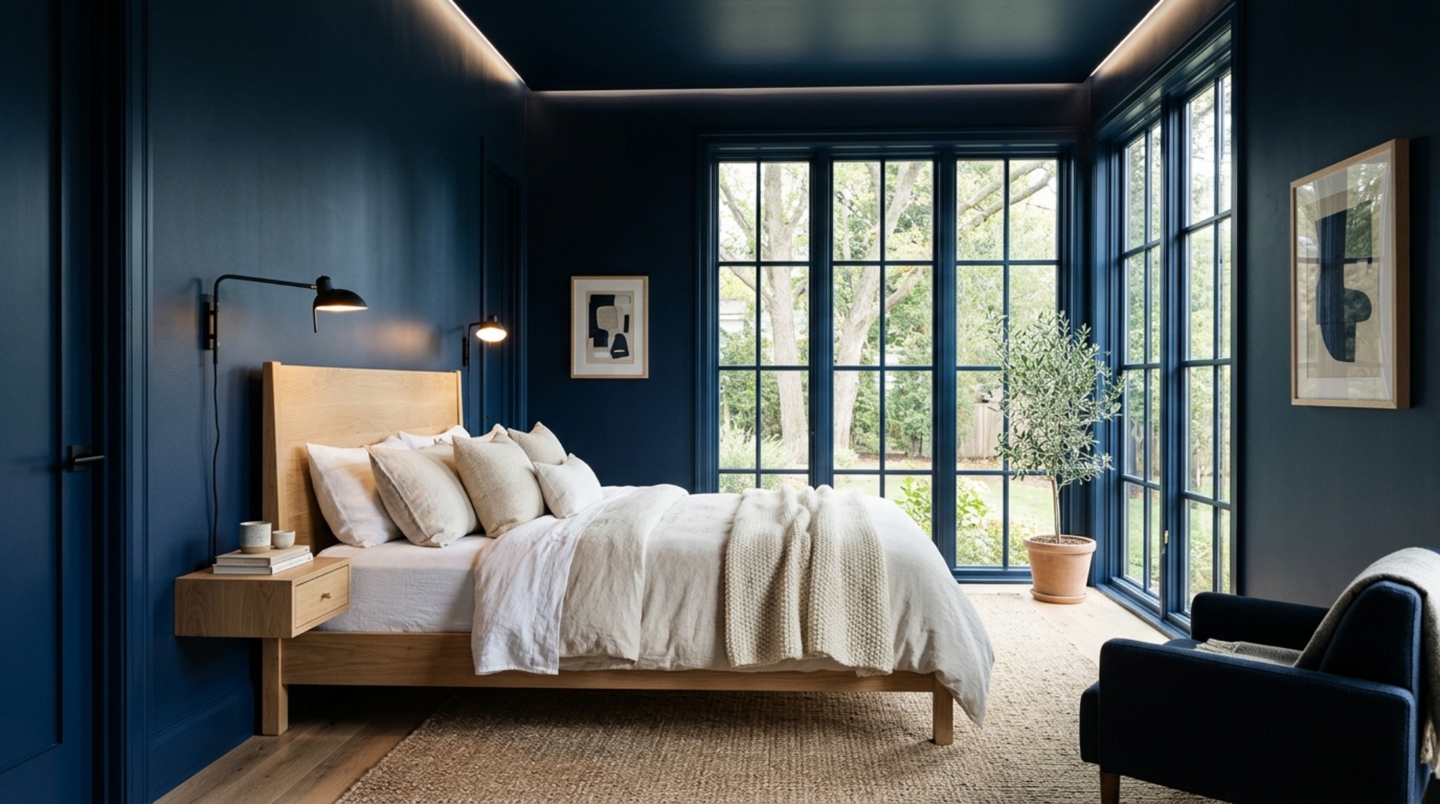 Modern navy blue bedroom decor ideas showcasing a color-drenched accent wall with fluted white oak furniture and warm 2700K lighting. Modern navy blue bedroom decor ideas showcasing a color-drenched accent wall with fluted white oak furniture and warm 2700K lighting.