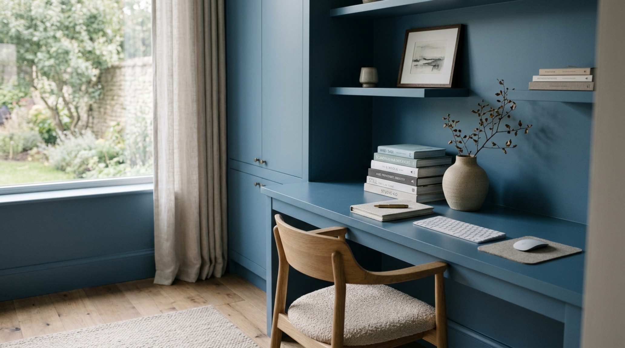 Close-up of matte finish blue paint texture against a brushed brass light fixture in a high-end residential setting. Close-up of matte finish blue paint texture against a brushed brass light fixture in a high-end residential setting.