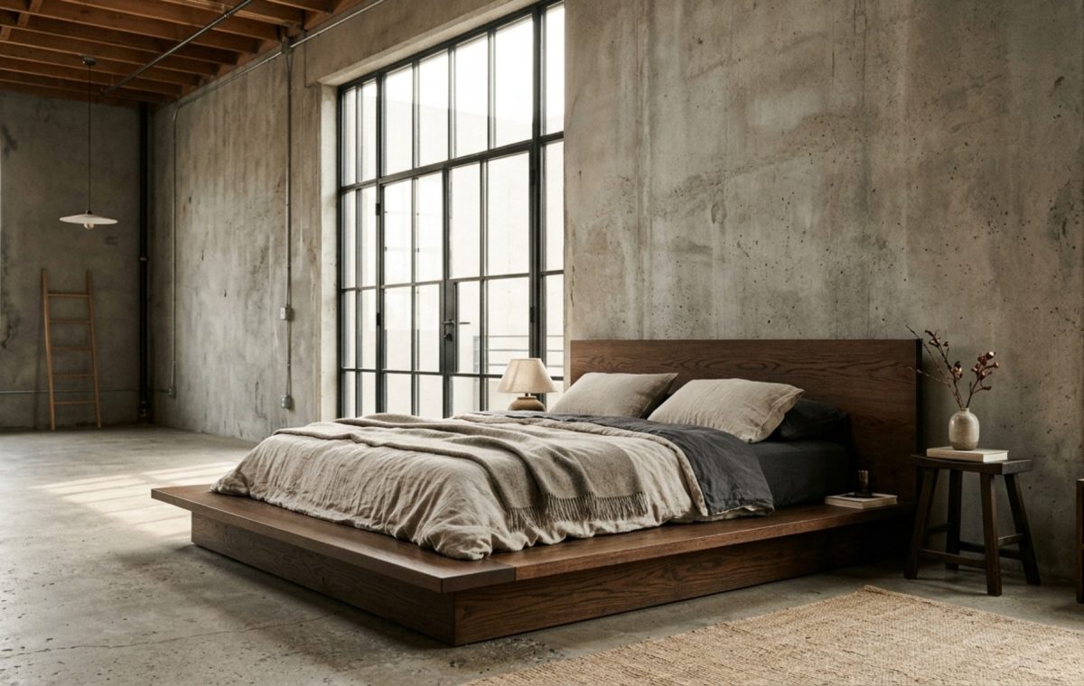 Low profile platform beds crafted from matte-finished black walnut set against a raw concrete feature wall with floor-to-ceiling windows.