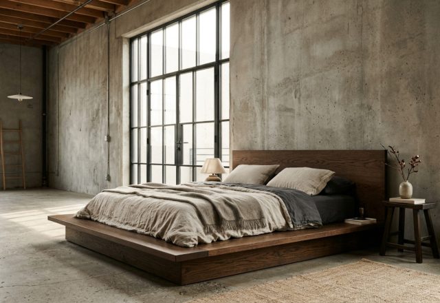 Low profile platform beds crafted from matte-finished black walnut set against a raw concrete feature wall with floor-to-ceiling windows.