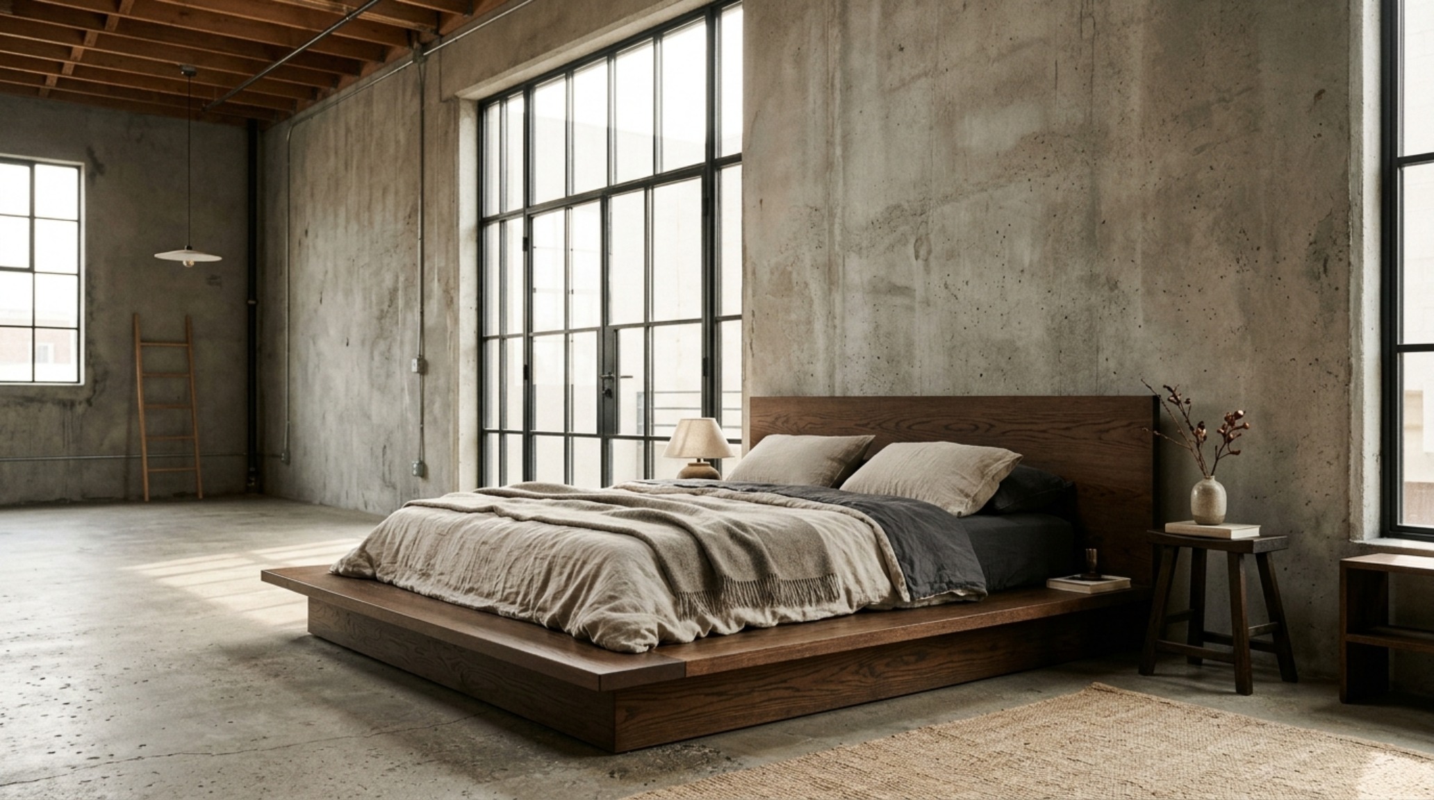 Low profile platform beds crafted from matte-finished black walnut set against a raw concrete feature wall with floor-to-ceiling windows. Low profile platform beds crafted from matte-finished black walnut set against a raw concrete feature wall with floor-to-ceiling windows.