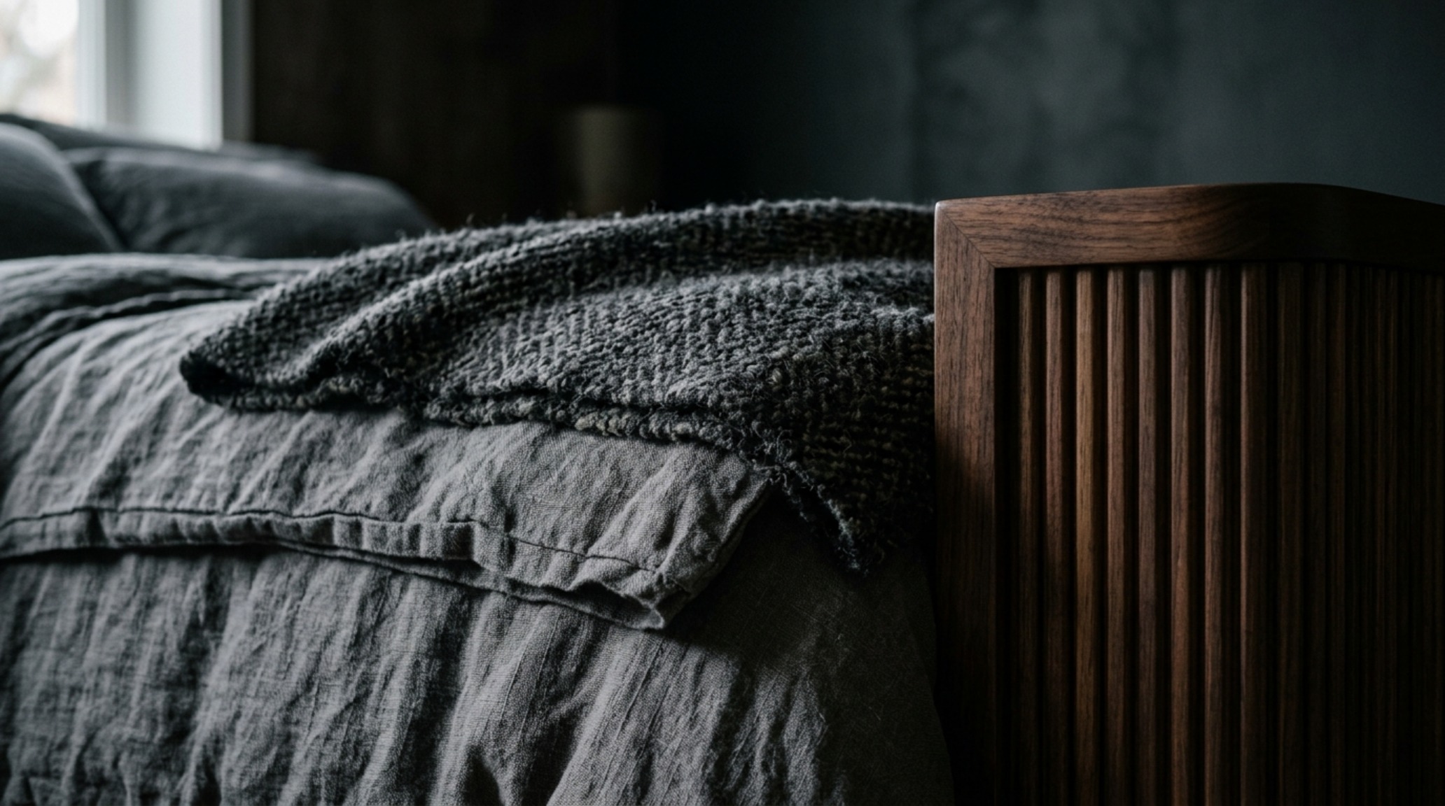 Luxury masculine bedroom decor detail showing 100% Belgian linen bedding in stone grey and a fluted oak side chair under warm 2700K light. Luxury masculine bedroom decor detail showing 100% Belgian linen bedding in stone grey and a fluted oak side chair under warm 2700K light.