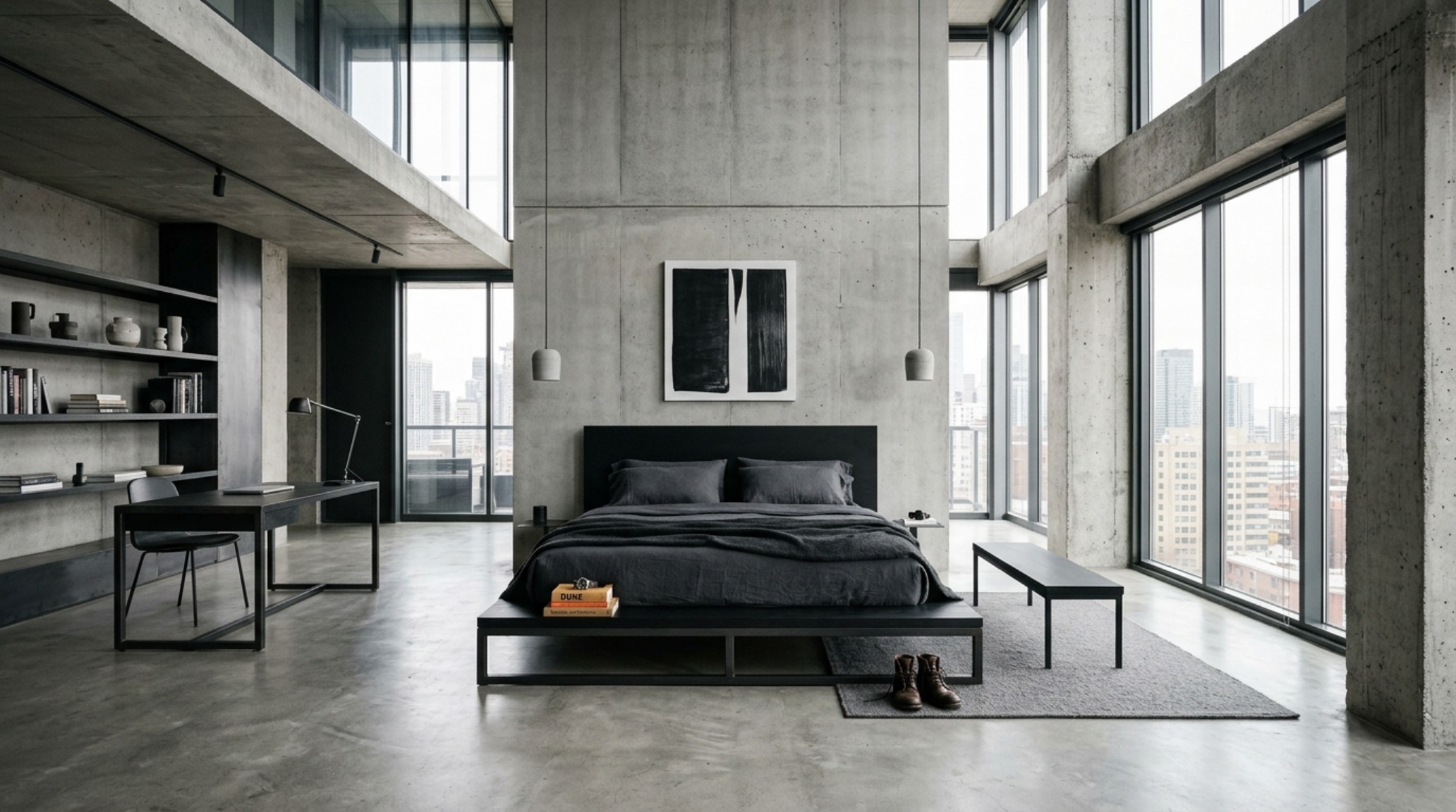 Modern bachelor pad bed frames with a wide wraparound plinth base and mitered corner details in a high-end urban loft setting. Modern bachelor pad bed frames with a wide wraparound plinth base and mitered corner details in a high-end urban loft setting.