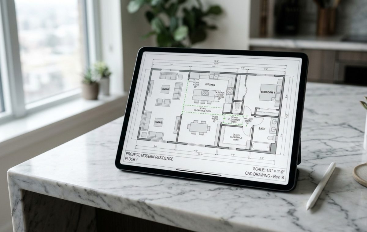 architectural floor planner online showing a 2D layout of a modern open-concept living area with precise 36-inch walkway clearances and furniture zones.