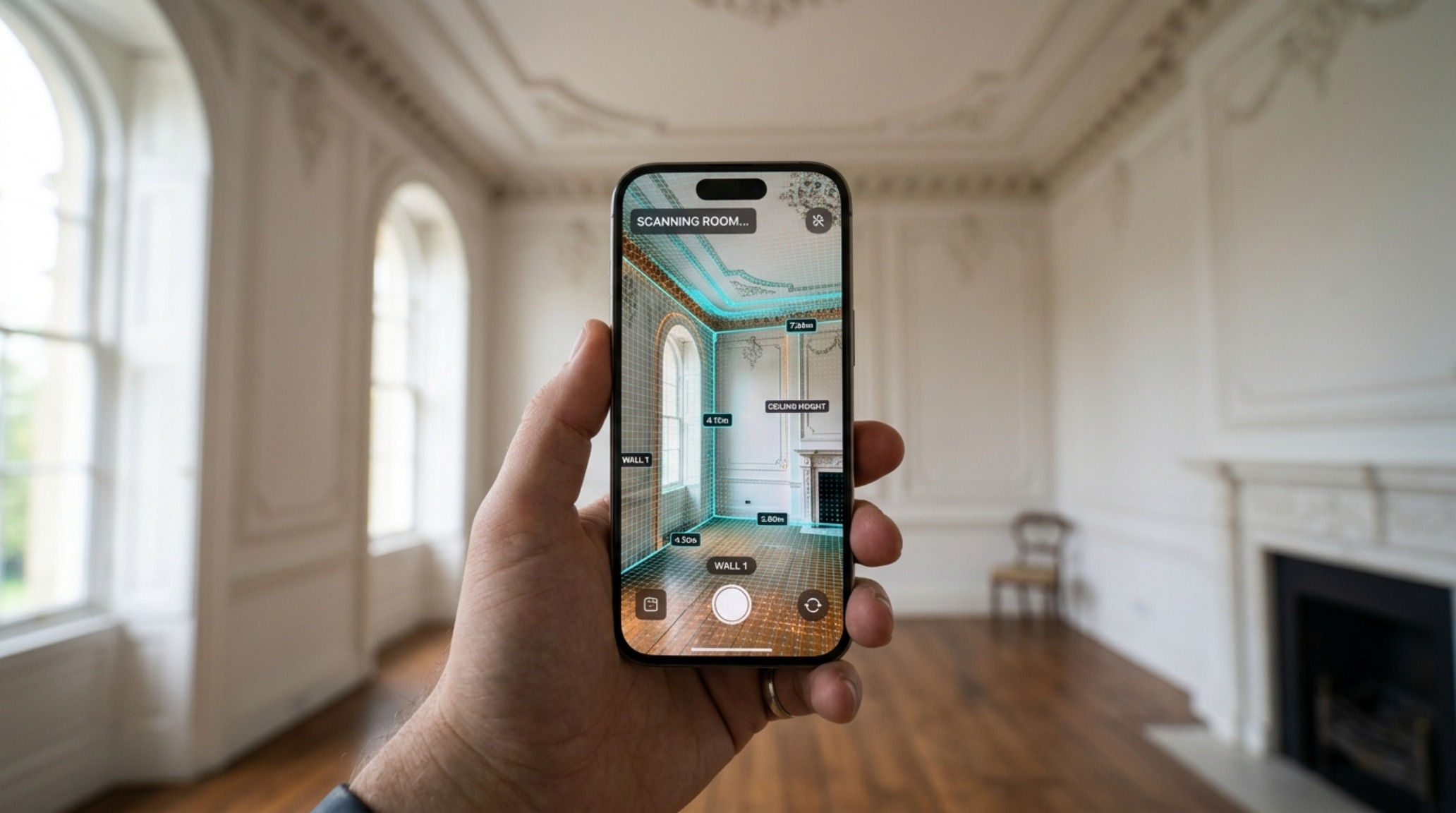 AR room scanner for home planning being used on a smartphone to capture the exact dimensions of a historic room with arched windows and uneven walls. AR room scanner for home planning being used on a smartphone to capture the exact dimensions of a historic room with arched windows and uneven walls.