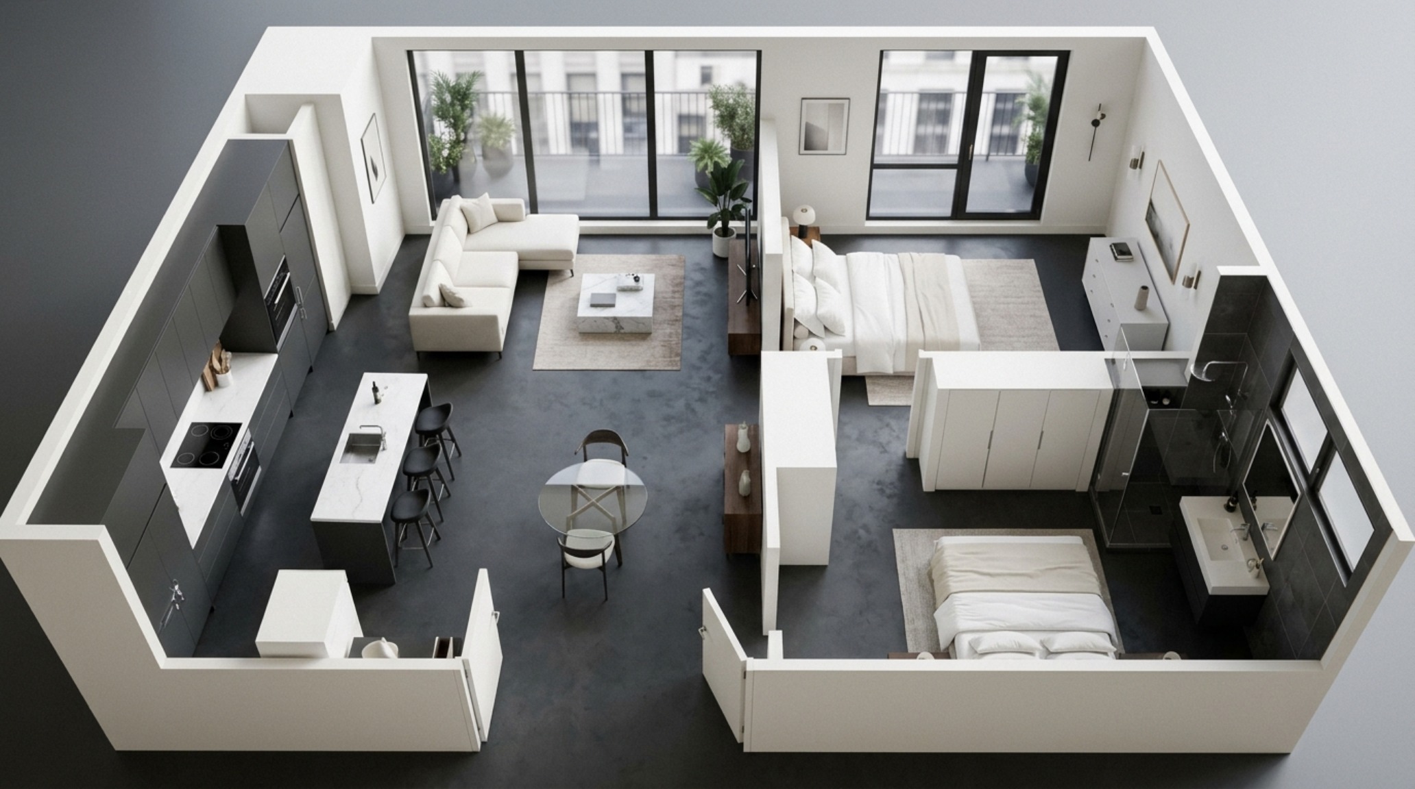 virtual house planner top-down 3D view of a small apartment showing how floating vanities and mirrors maximize the perception of floor plane space. virtual house planner top-down 3D view of a small apartment showing how floating vanities and mirrors maximize the perception of floor plane space.