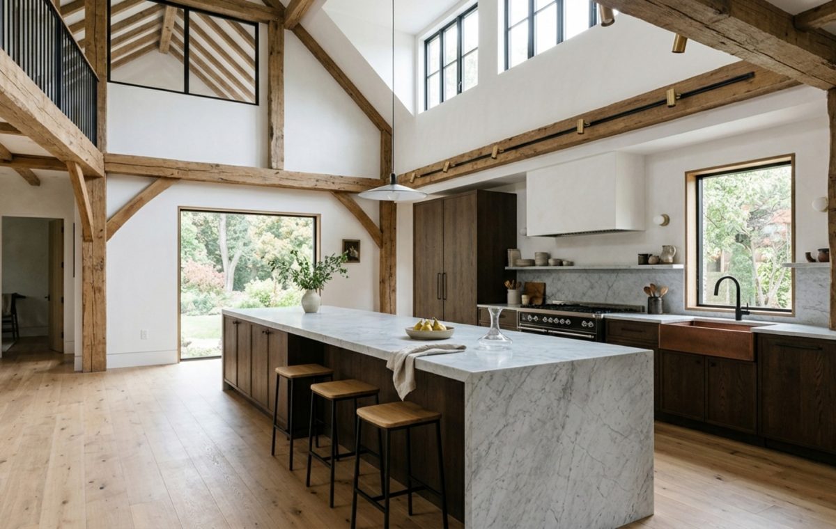 modern country kitchen ideas featuring a double-height ceiling with reclaimed timber trusses and a honed marble linear island.