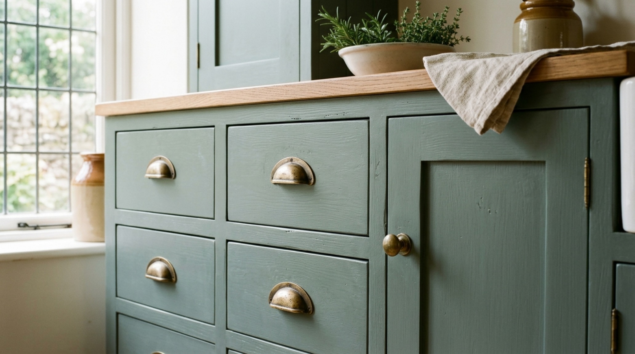 English country kitchen cabinets in a soft muted green with unlacquered brass hardware and inset Shaker styling. English country kitchen cabinets in a soft muted green with unlacquered brass hardware and inset Shaker styling.