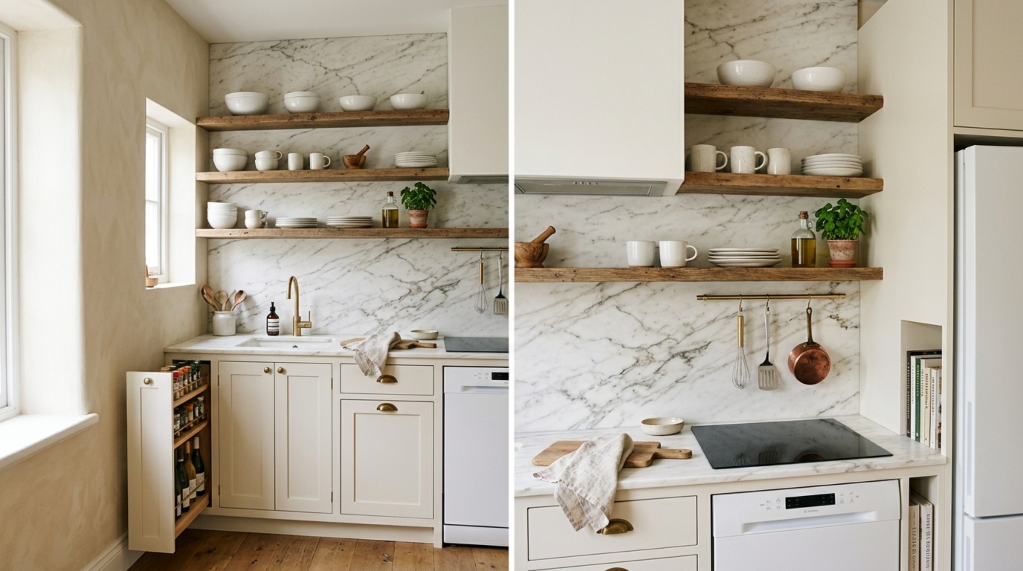 small country kitchen layout solutions showing vertical open shelving and a seamless marble slab backsplash to maximize space. small country kitchen layout solutions showing vertical open shelving and a seamless marble slab backsplash to maximize space.
