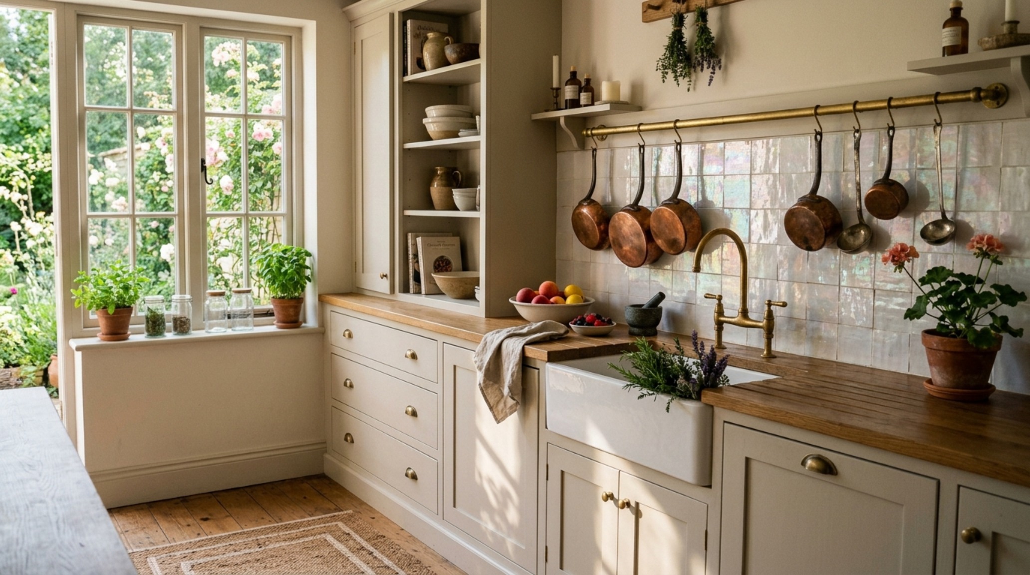 sophisticated cottagecore kitchen trends using Farrow and Ball Setting Plaster paint on cabinetry with handmade Zellige tiles. sophisticated cottagecore kitchen trends using Farrow and Ball Setting Plaster paint on cabinetry with handmade Zellige tiles.