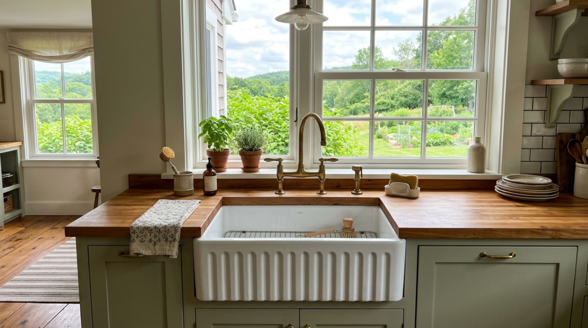 farmhouse sink placement ergonomics featuring a fluted fireclay apron-front sink centered under a large window with bridge faucet. farmhouse sink placement ergonomics featuring a fluted fireclay apron-front sink centered under a large window with bridge faucet.