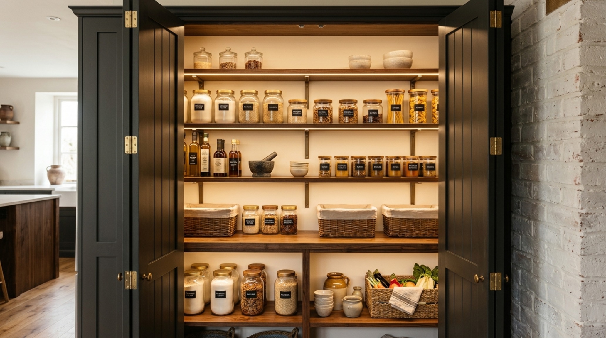 modern country kitchen ideas showcasing a wide-plank white oak floor and a breakfast larder with bifold doors. modern country kitchen ideas showcasing a wide-plank white oak floor and a breakfast larder with bifold doors.
