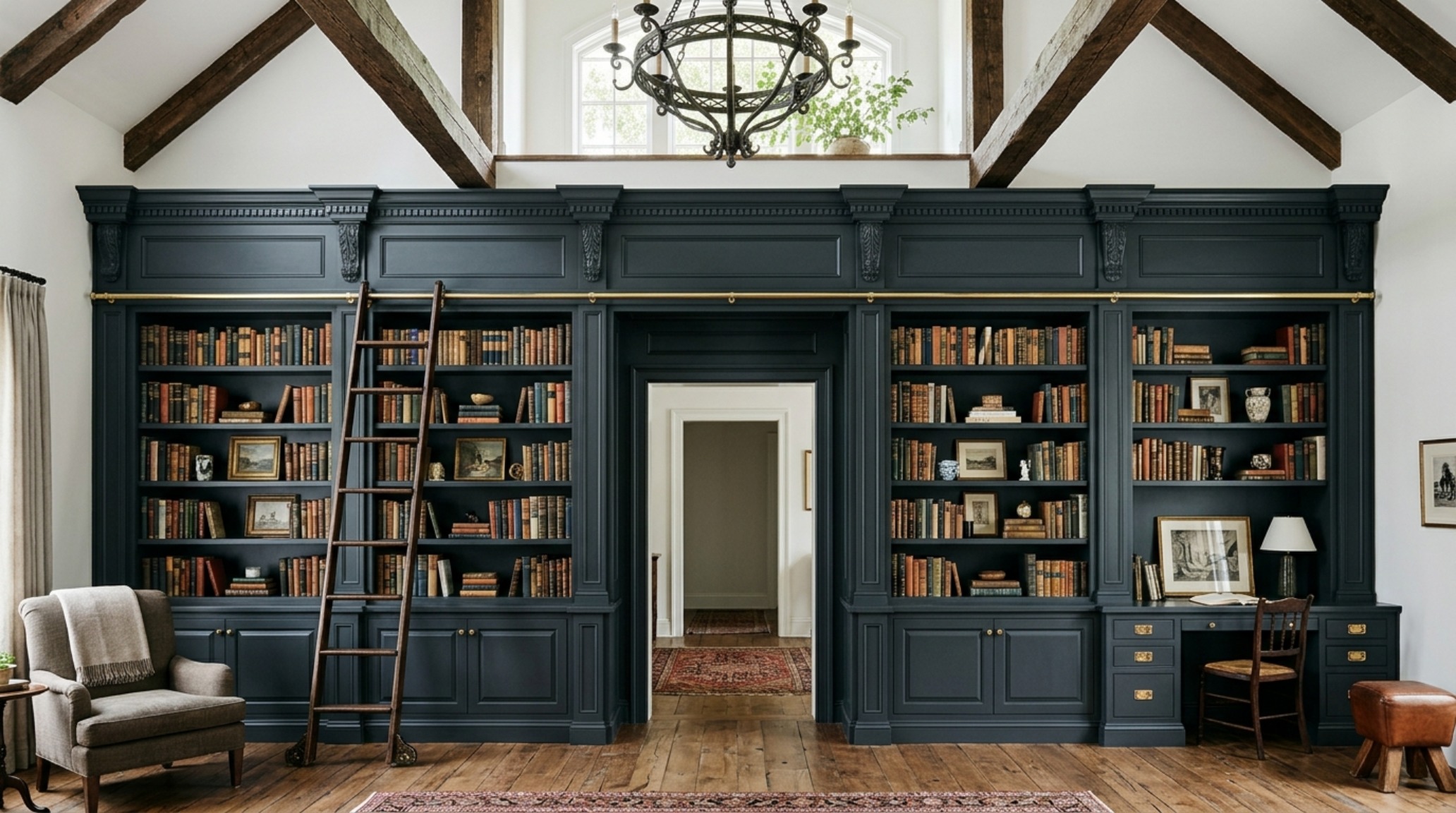 English country kitchen cabinets integrated into a floor-to-ceiling pantry wall with classic ladder access. English country kitchen cabinets integrated into a floor-to-ceiling pantry wall with classic ladder access.