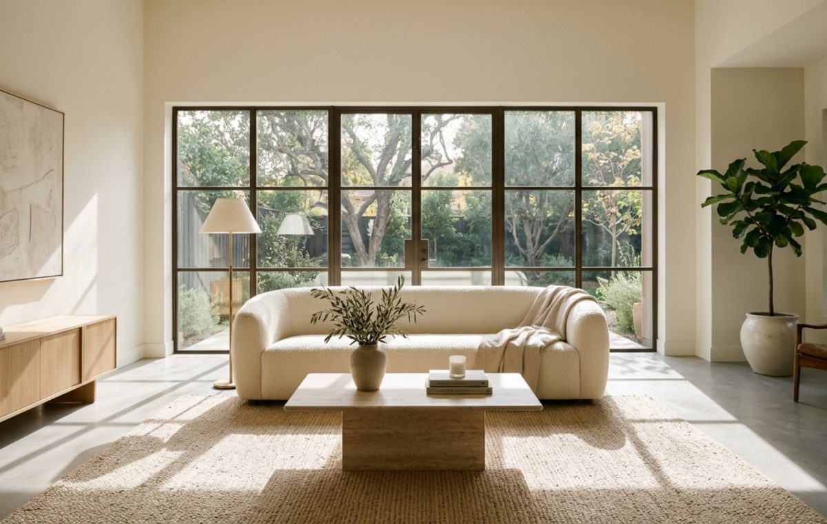 A sunlight-drenched living room with a 36-inch primary walkway between a curved boucle sofa and a honed travertine coffee table, illustrating top organizing apps 1012 decor ideas for spatial flow.